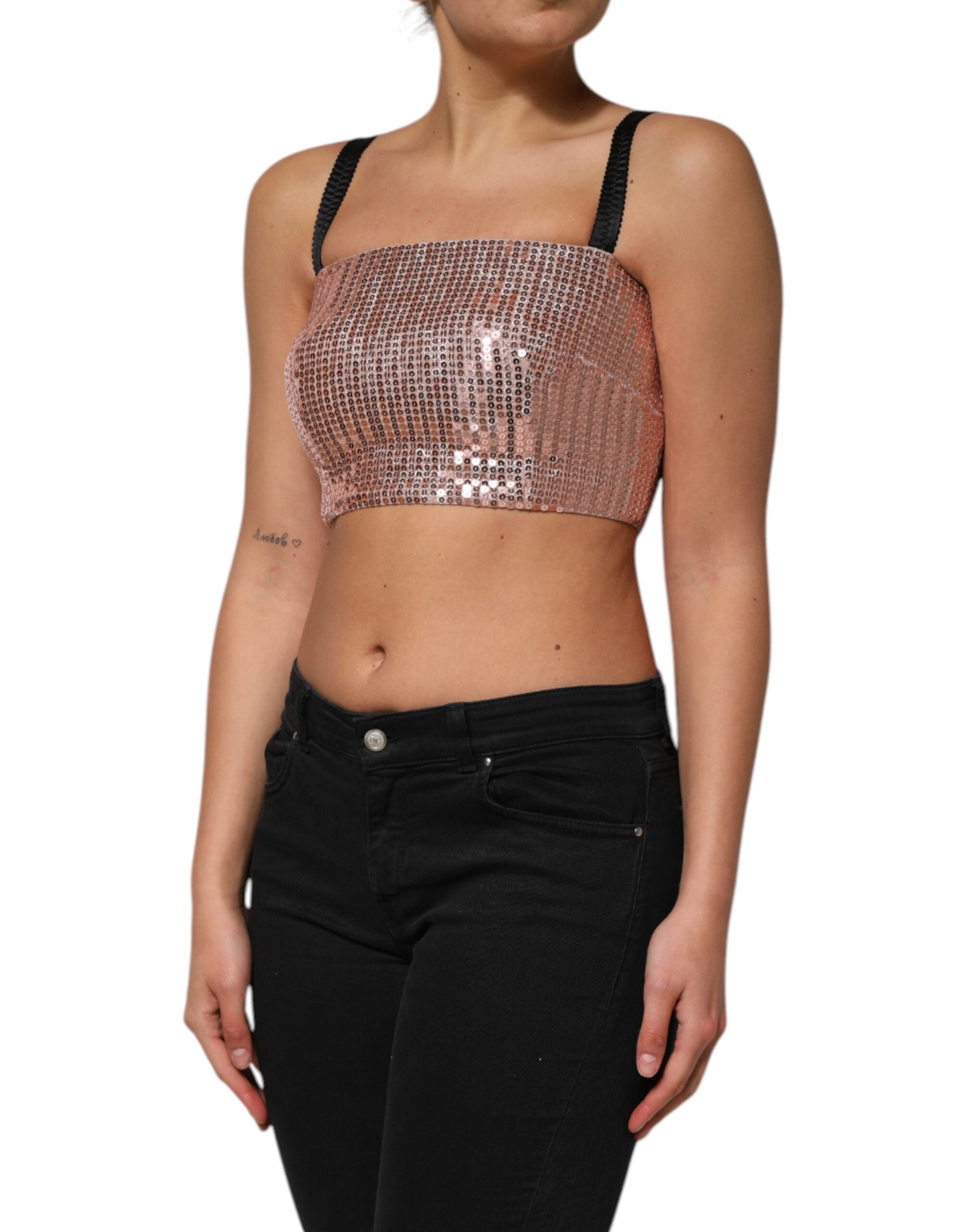 Dolce & Gabbana Pink Sequined Nylon Sleeveless Cropped Women's Top
