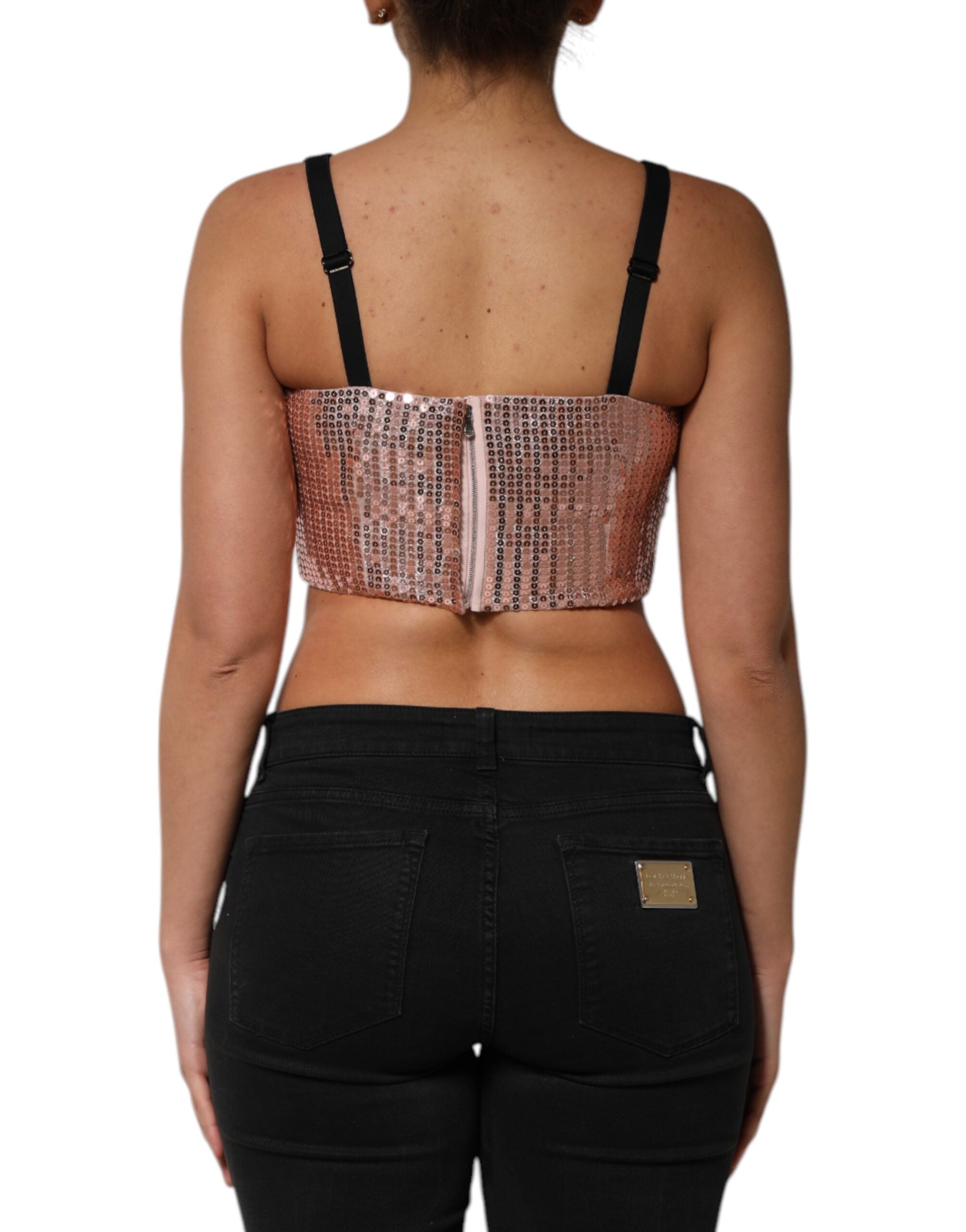 Dolce & Gabbana Pink Sequined Nylon Sleeveless Cropped Women's Top
