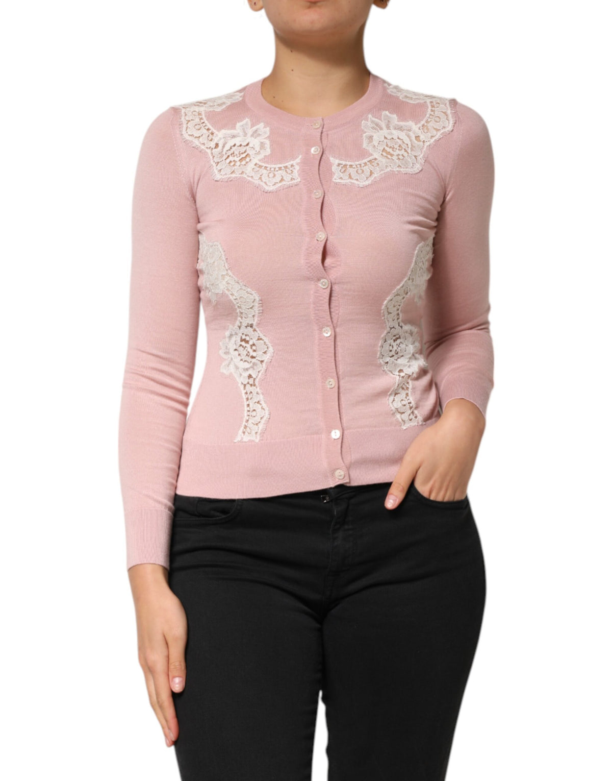 Dolce & Gabbana Pink Floral Lace Detailing Cardigan Women's Sweater (Pre-Owned)