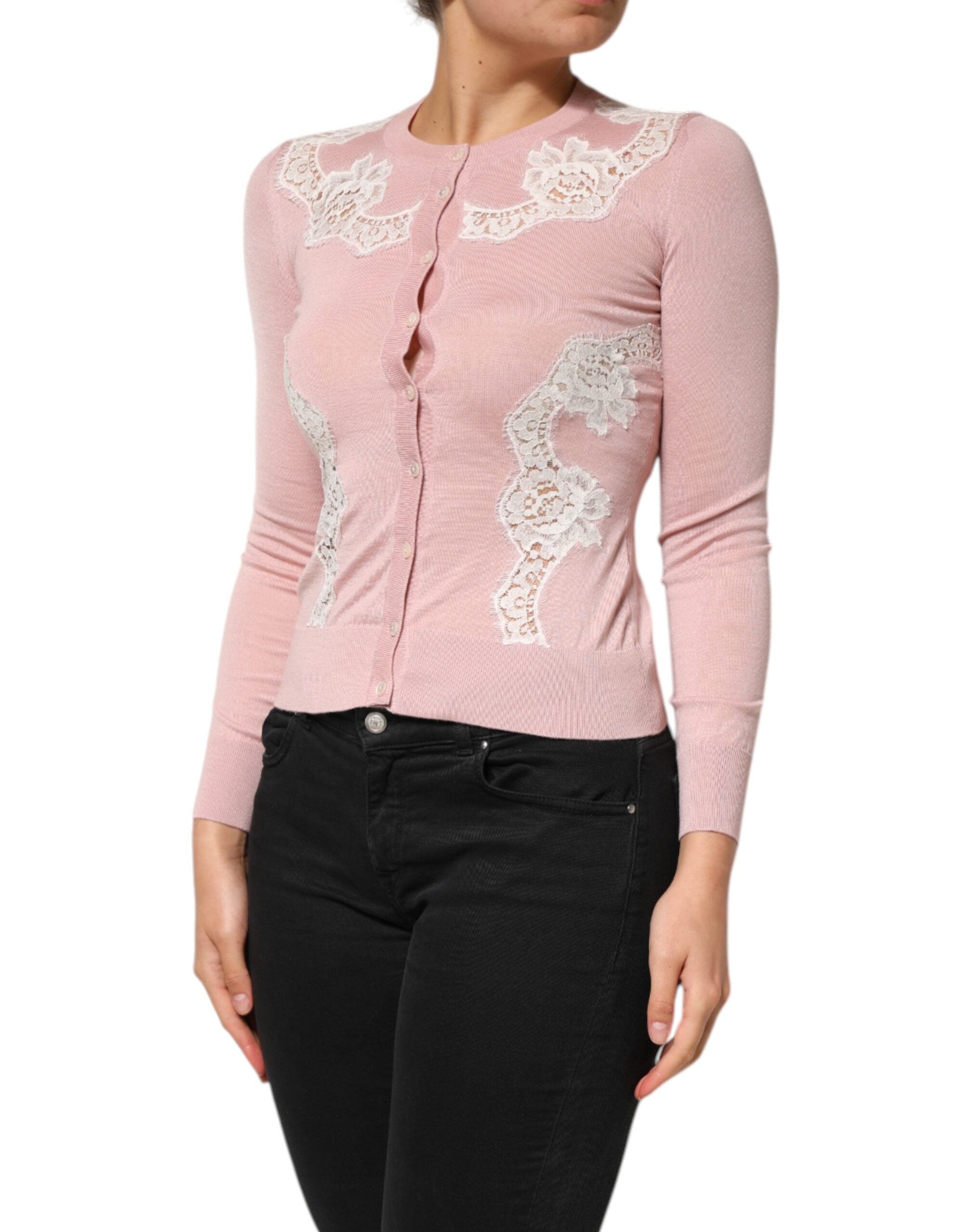 Dolce & Gabbana Pink Floral Lace Detailing Cardigan Women's Sweater (Pre-Owned)