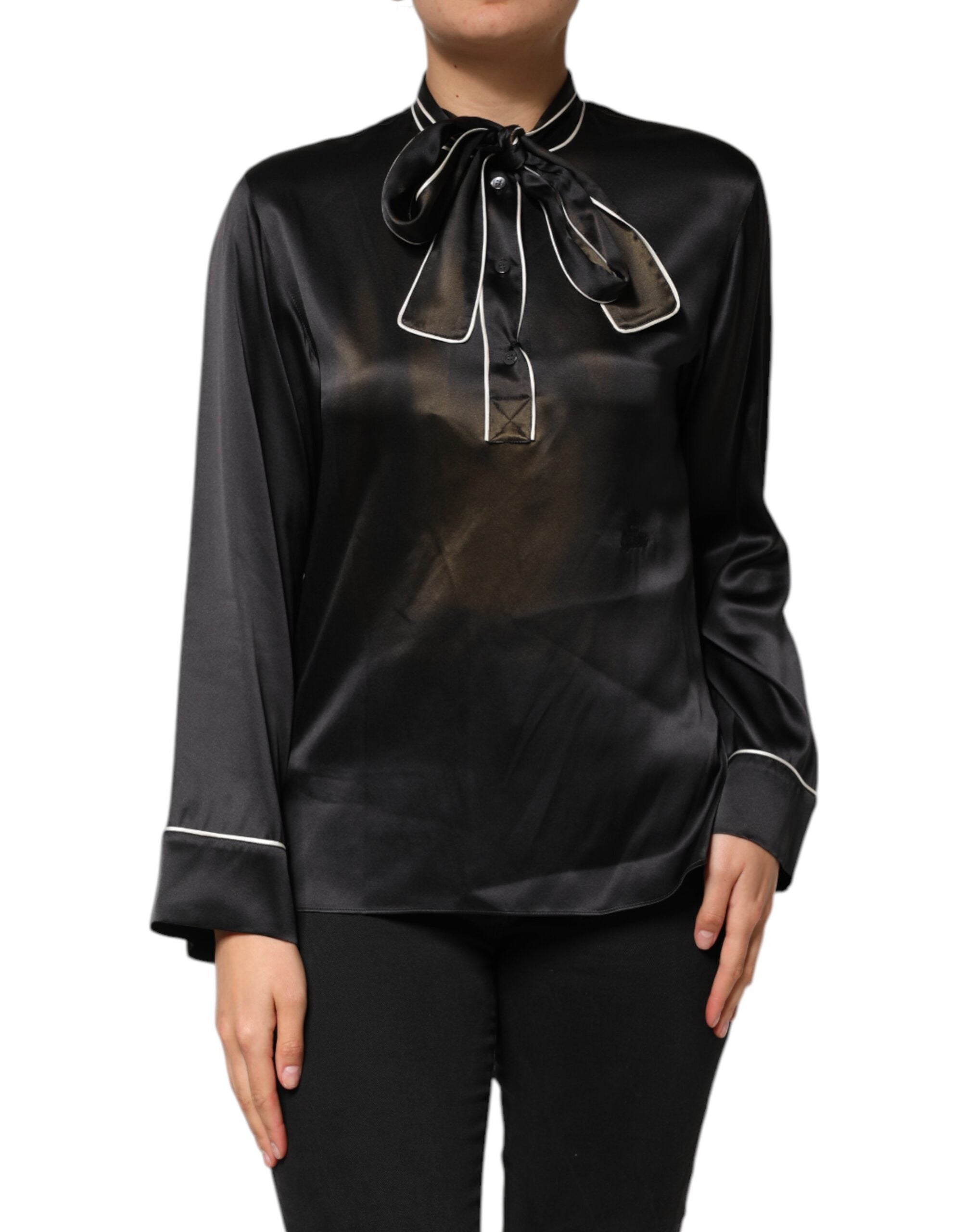 Dolce & Gabbana Black Silk Ascot Collared Button Blouse Women's Top (Pre-Owned)
