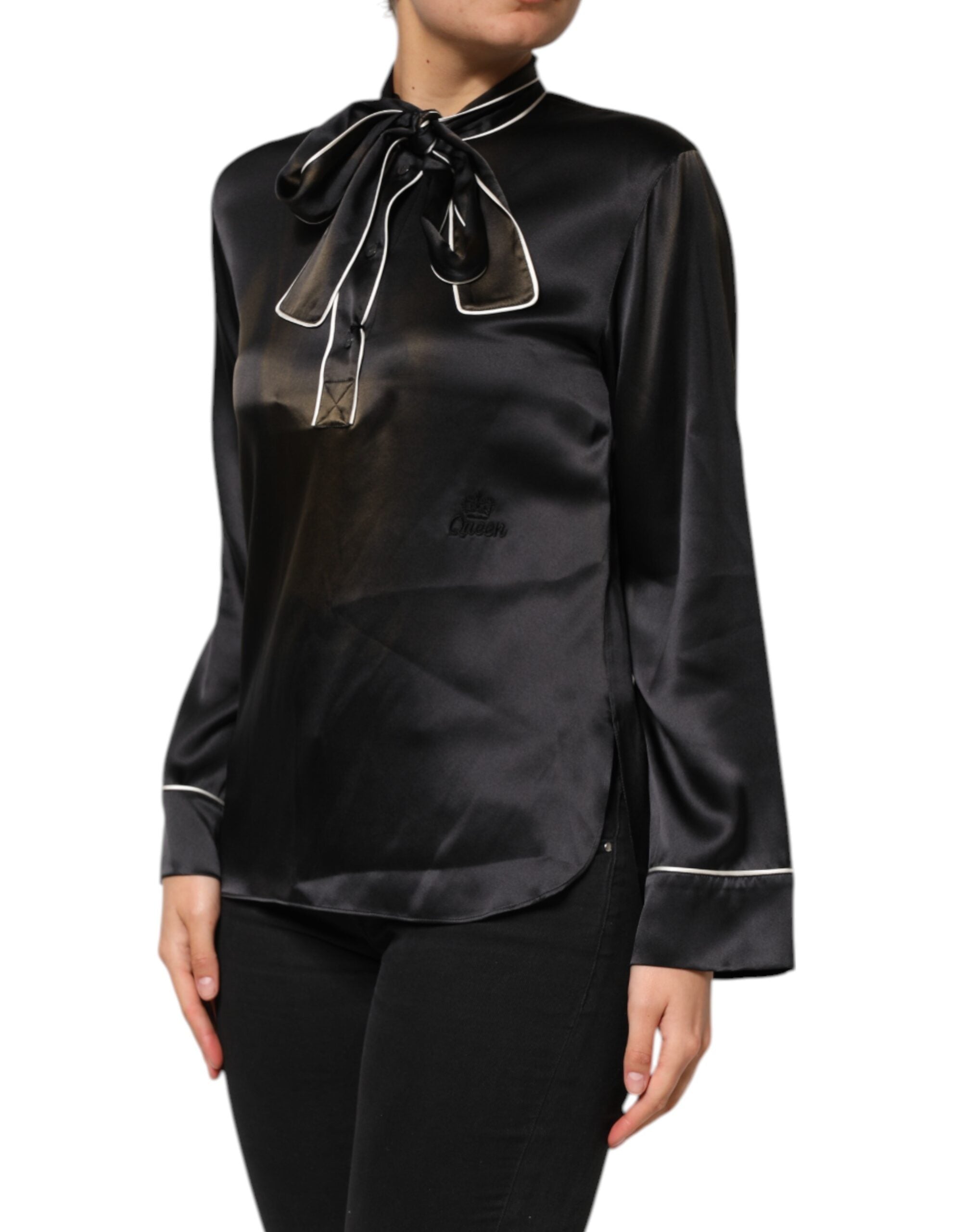 Dolce & Gabbana Black Silk Ascot Collared Button Blouse Women's Top (Pre-Owned)