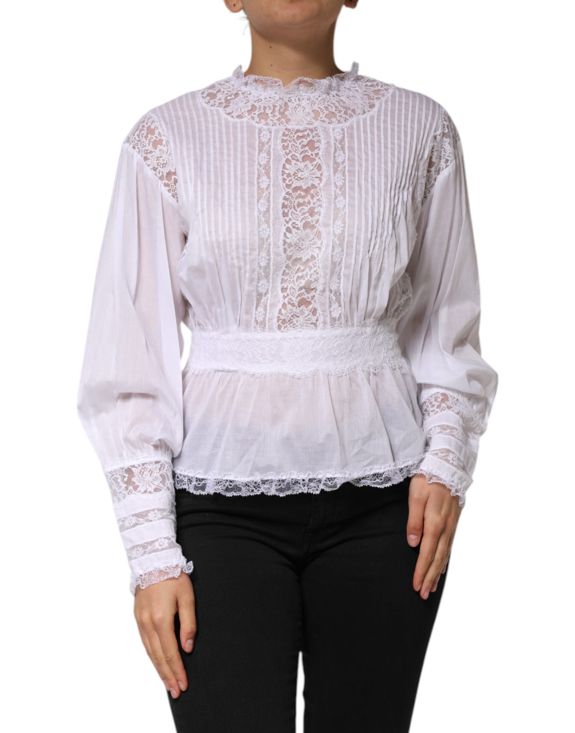 Dolce & Gabbana White Cotton Floral Lace Long Sleeves Women's Top