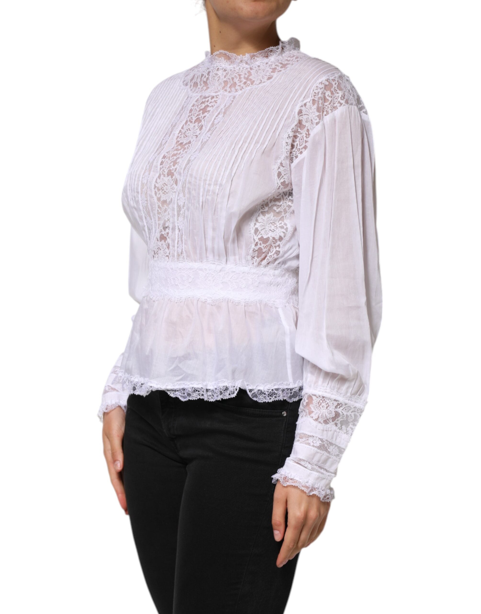 Dolce & Gabbana White Cotton Floral Lace Long Sleeves Women's Top
