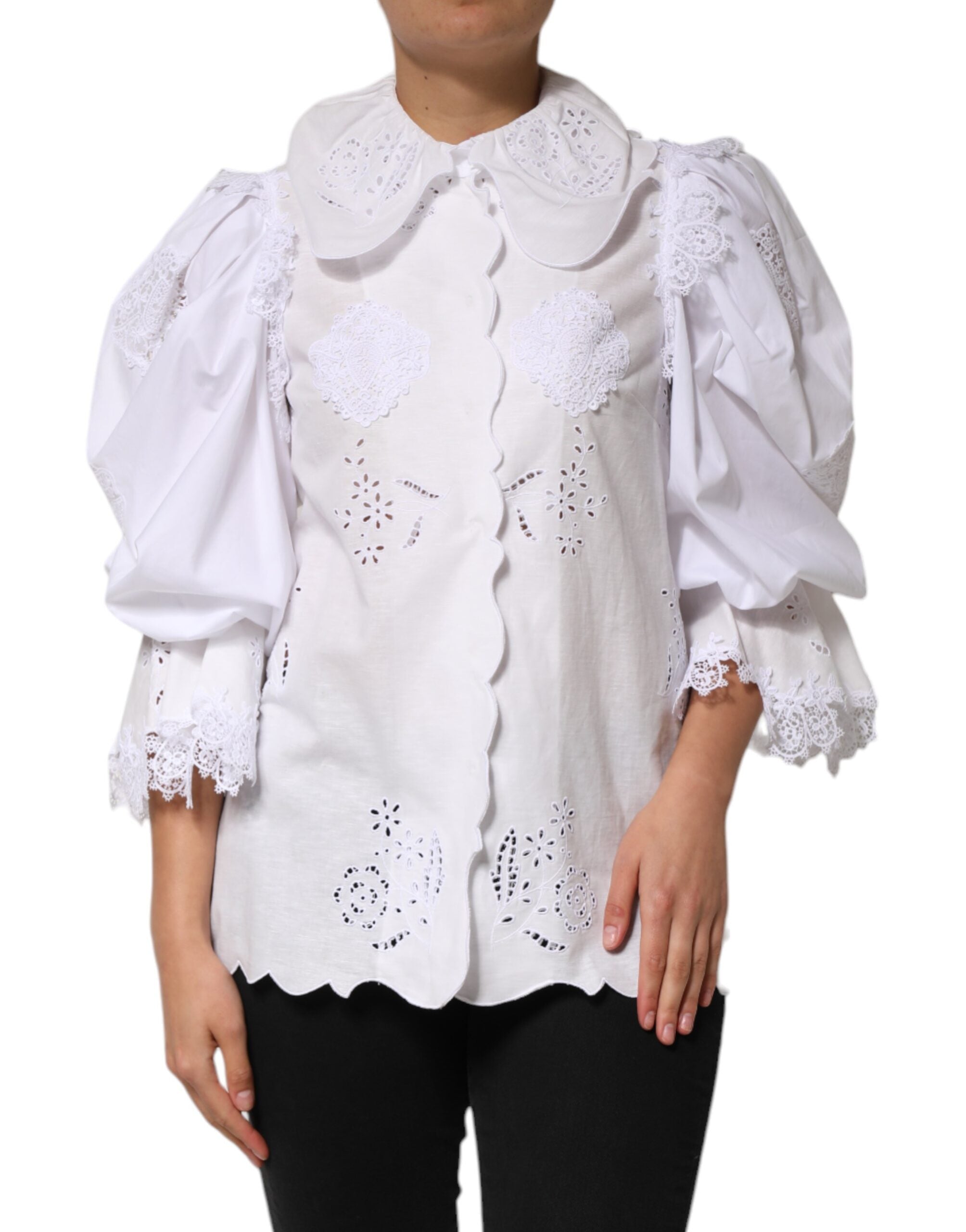 Dolce & Gabbana White Ruffled Lace Embellished Blouse Women's Top