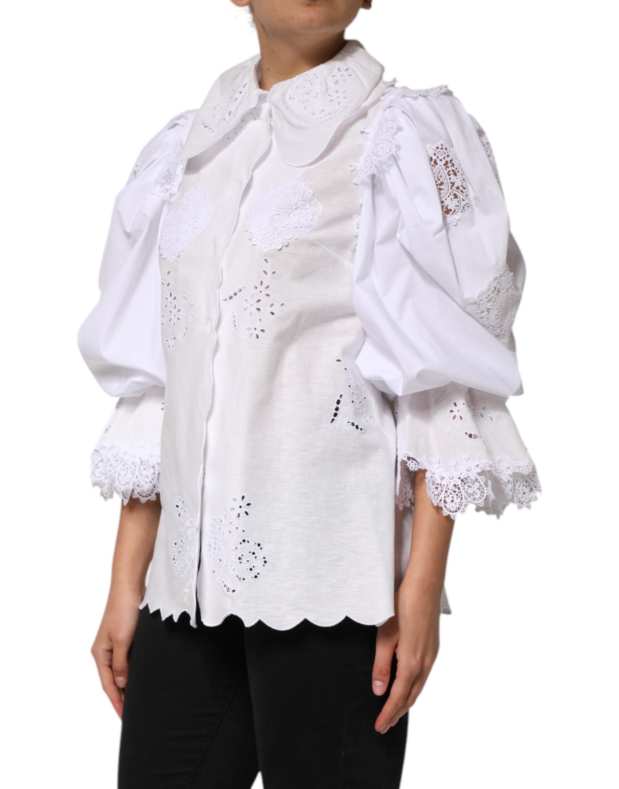 Dolce & Gabbana White Ruffled Lace Embellished Blouse Women's Top