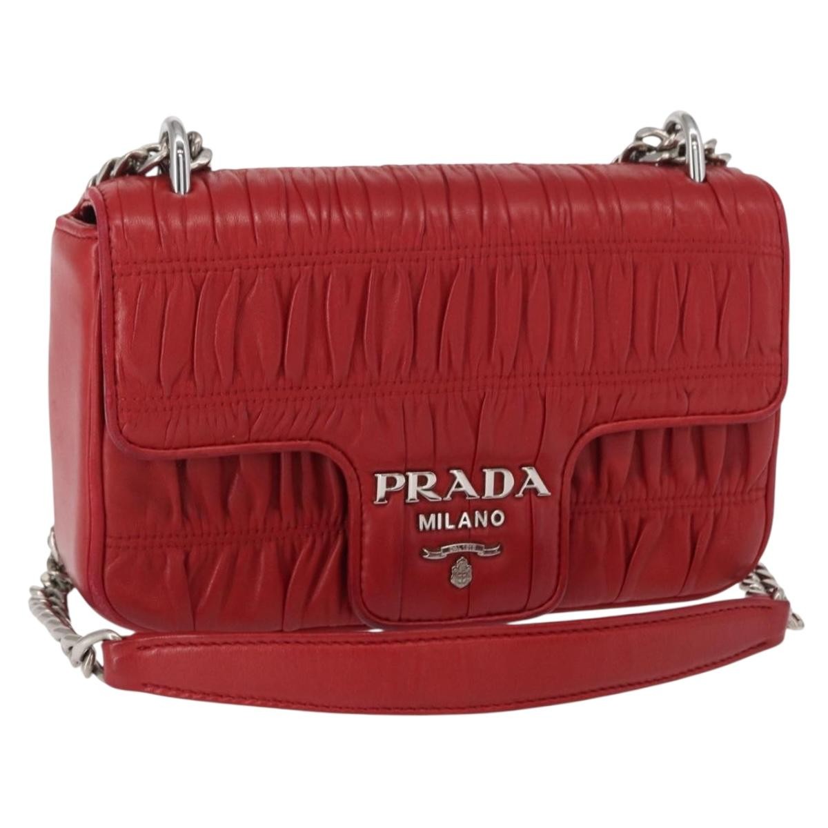 Prada Gaufre Chain Flap Nappa Leather Red Leather Shoulder Bag Bag (Pre-Owned)