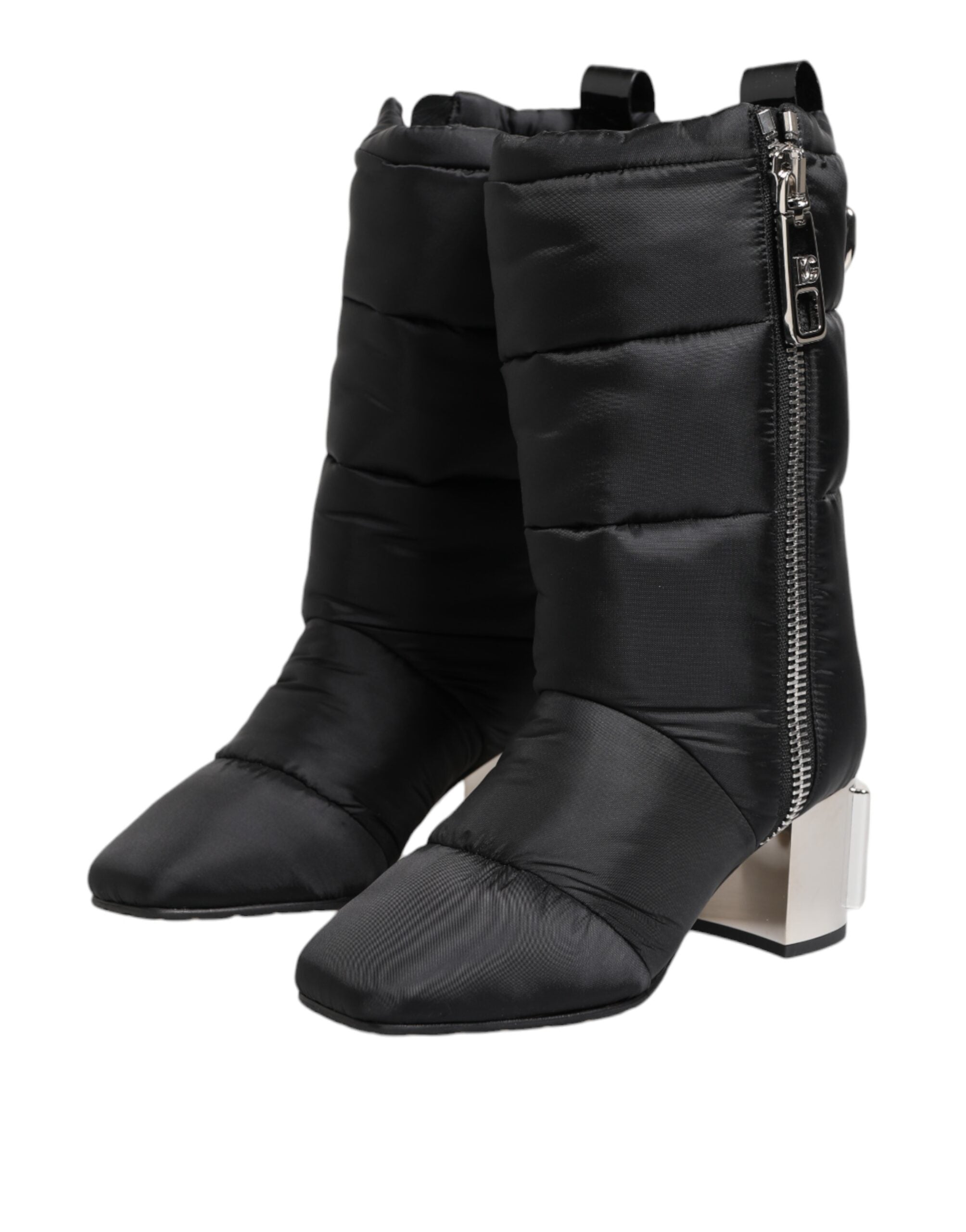 Dolce & Gabbana Black Padded Mid Calf Logo Heel Boots Women's Shoes