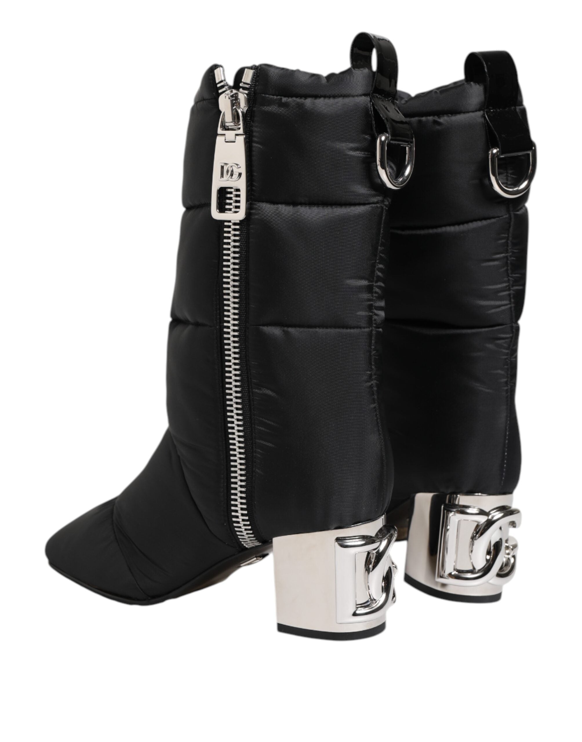 Dolce & Gabbana Black Padded Mid Calf Logo Heel Boots Women's Shoes