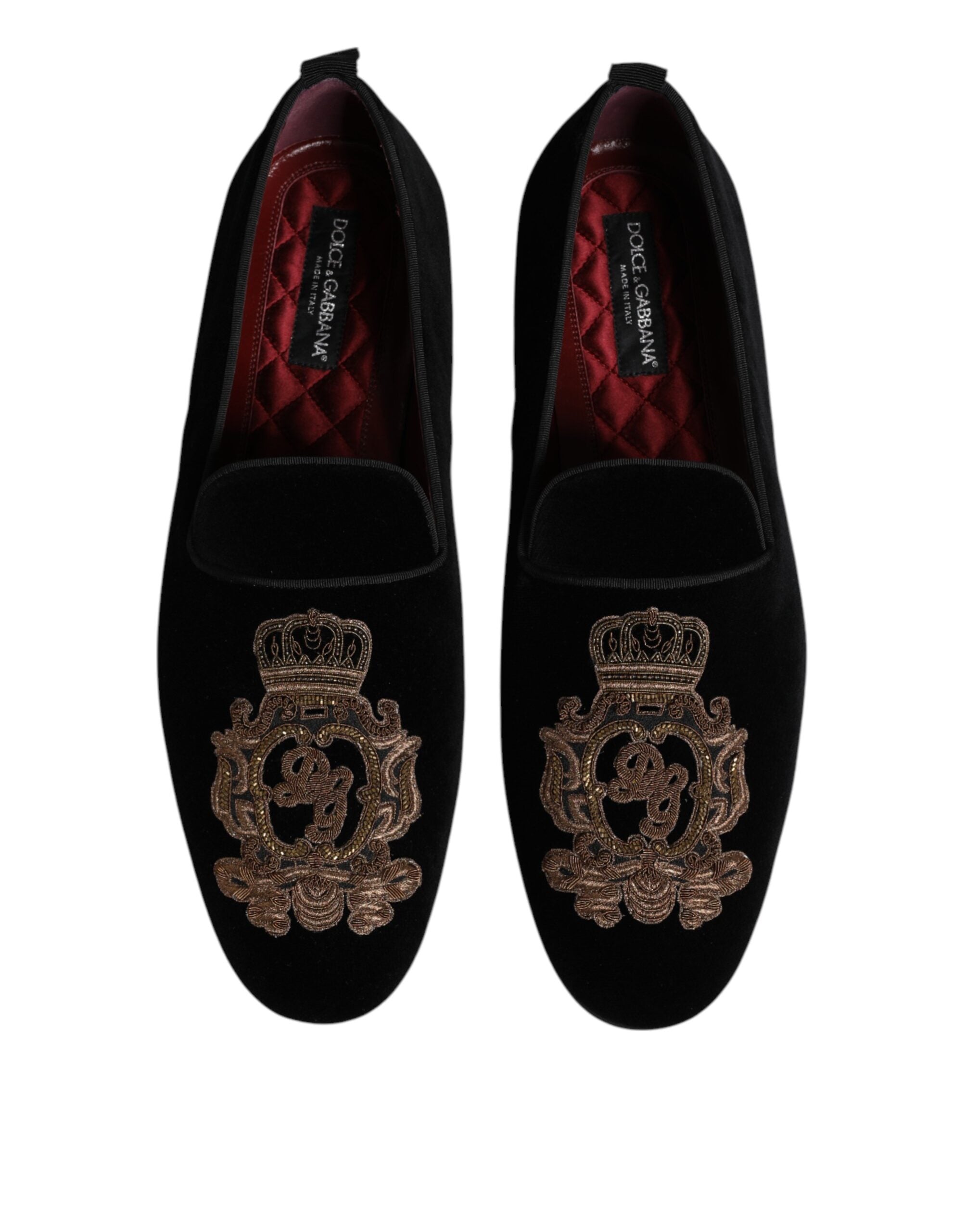Dolce & Gabbana Black Velvet Gold Crown Mens Loafers Men's Shoes