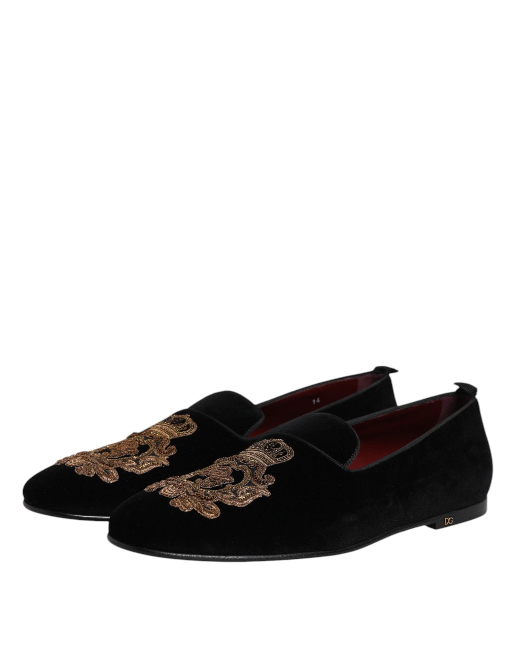 Dolce & Gabbana Black Velvet Gold Crown Mens Loafers Men's Shoes