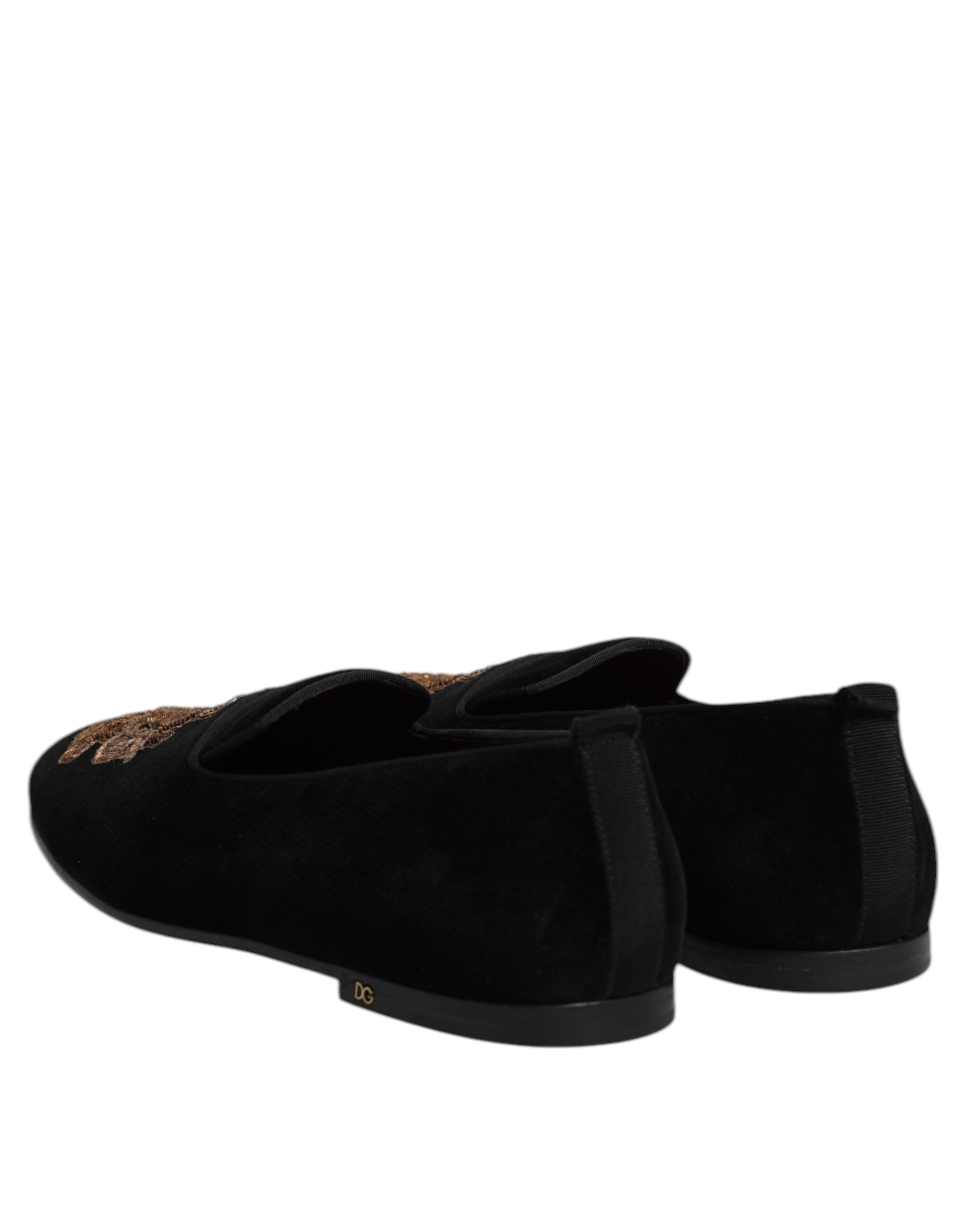 Dolce & Gabbana Black Velvet Gold Crown Mens Loafers Men's Shoes