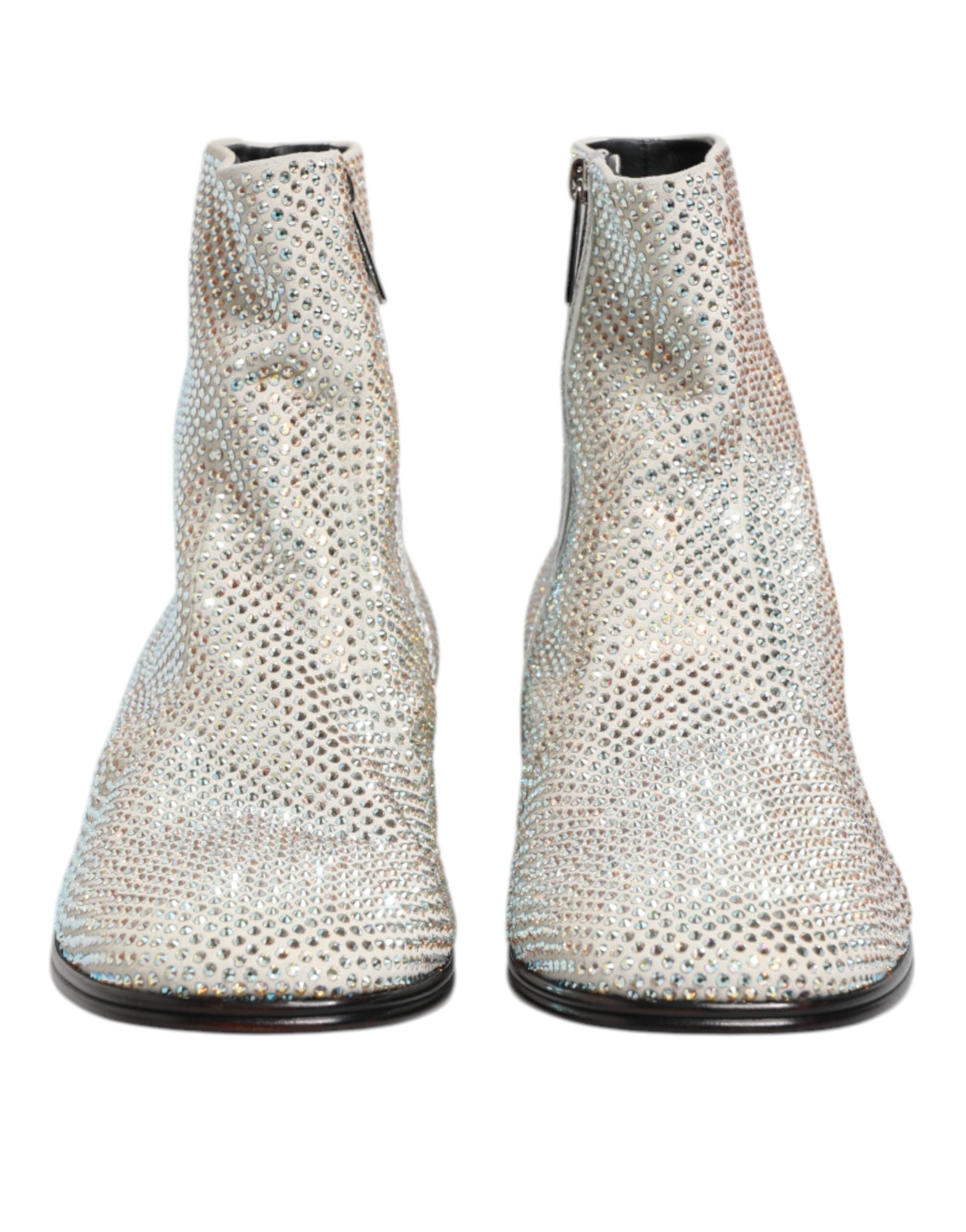Dolce & Gabbana White Strass DG Logo Heels Ankle Boots Men's Shoes