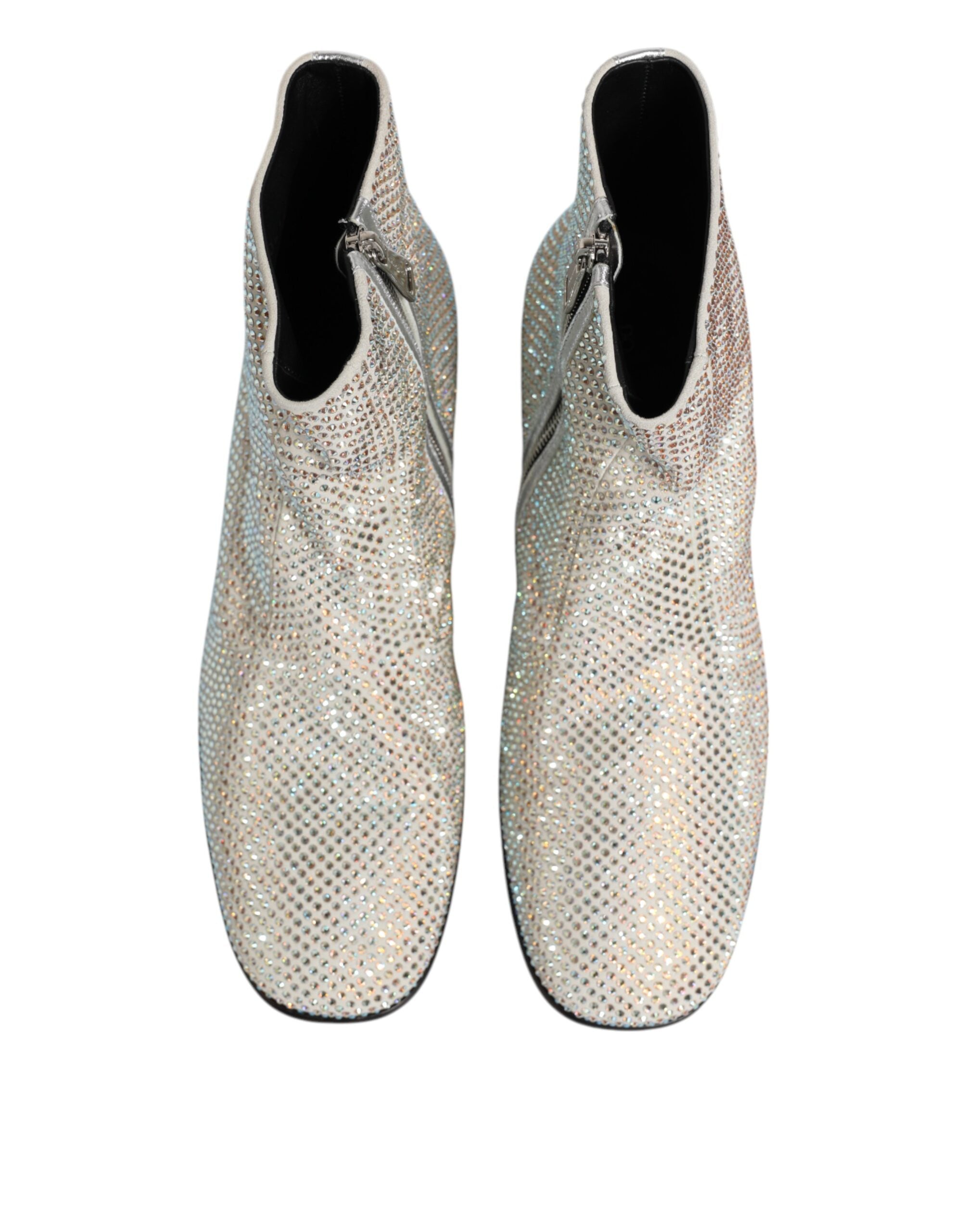 Dolce & Gabbana White Strass DG Logo Heels Ankle Boots Men's Shoes