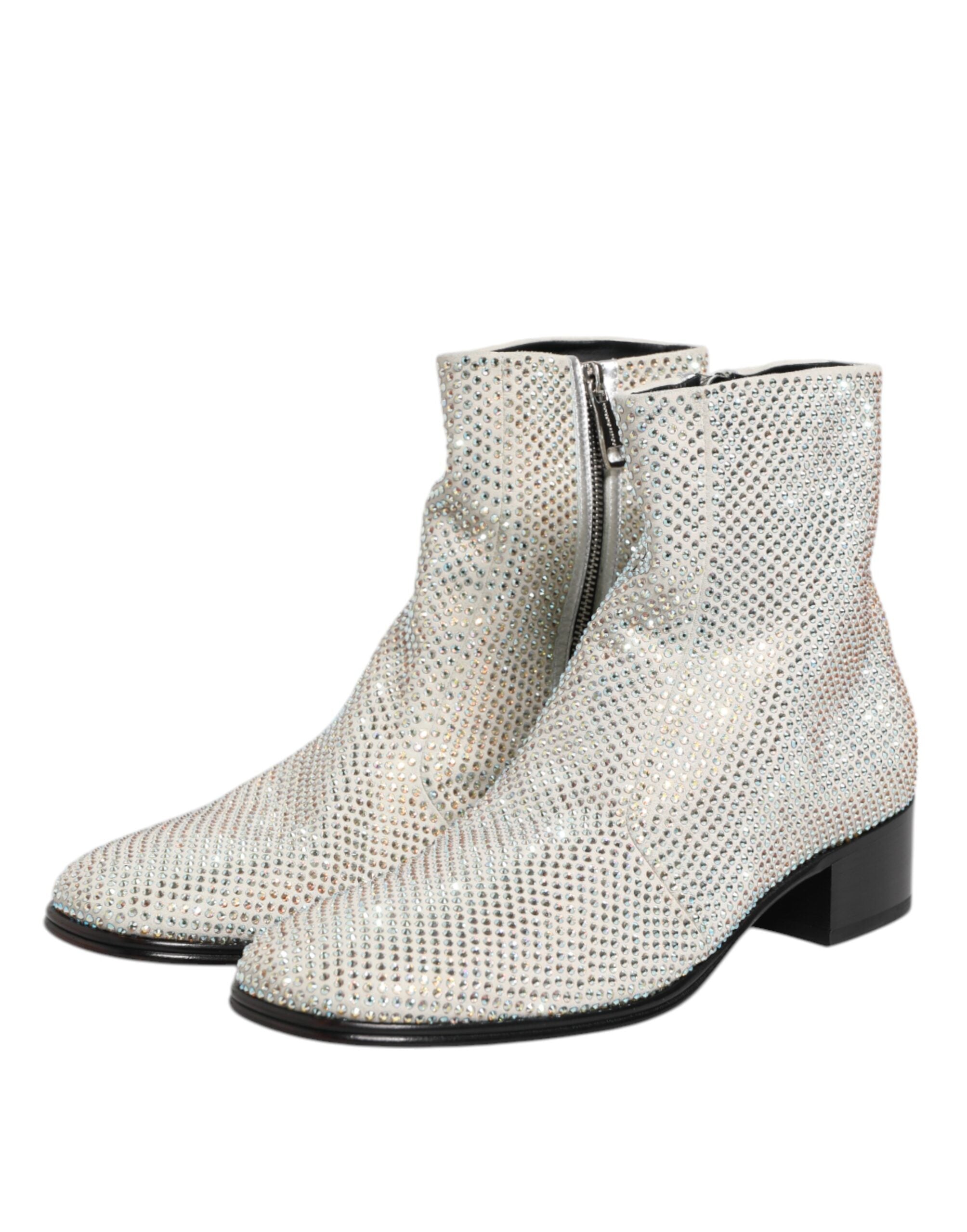 Dolce & Gabbana White Strass DG Logo Heels Ankle Boots Men's Shoes