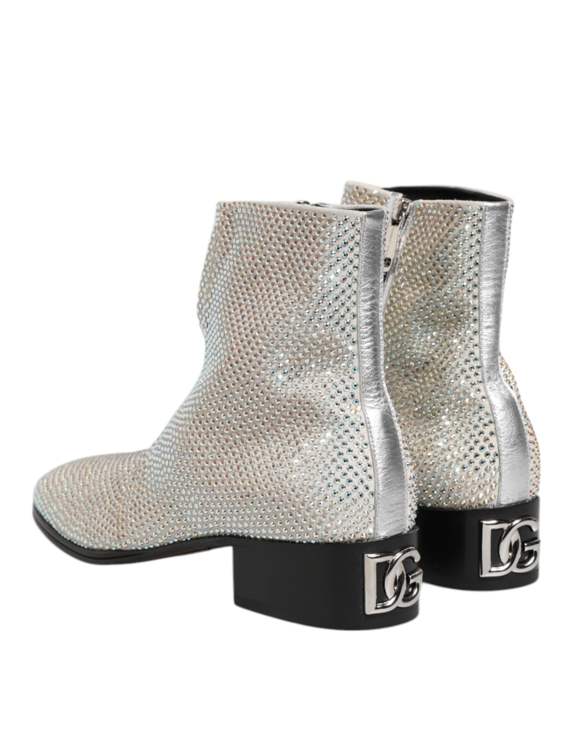 Dolce & Gabbana White Strass DG Logo Heels Ankle Boots Men's Shoes