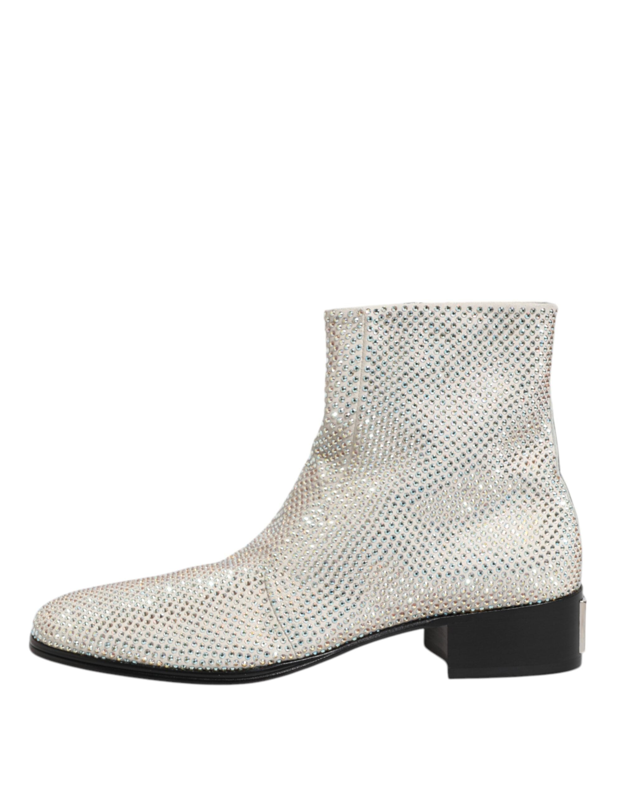 Dolce & Gabbana White Strass DG Logo Heels Ankle Boots Men's Shoes