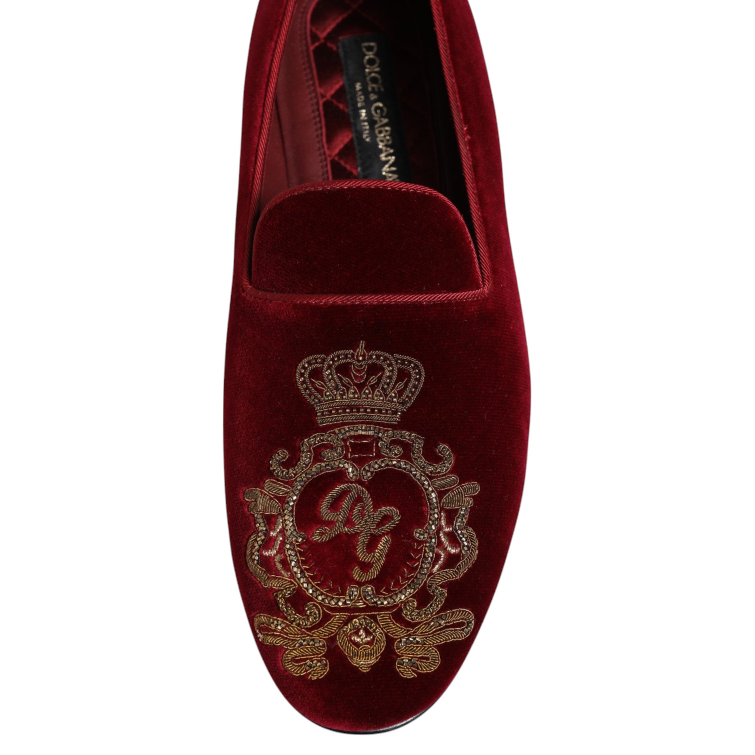 Dolce & Gabbana Red Velvet Gold Crown Mens Loafers Men's Shoes
