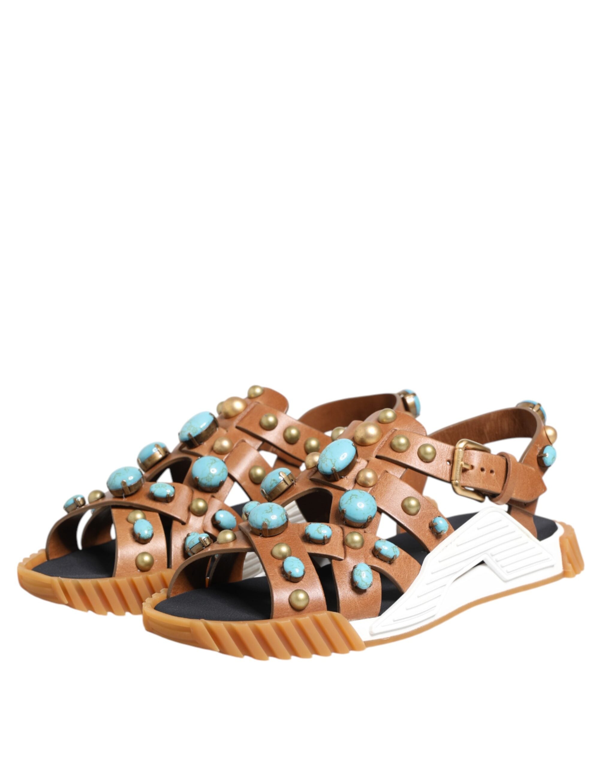Dolce & Gabbana Brown Leather Studded Slides Sandals Men's Shoes