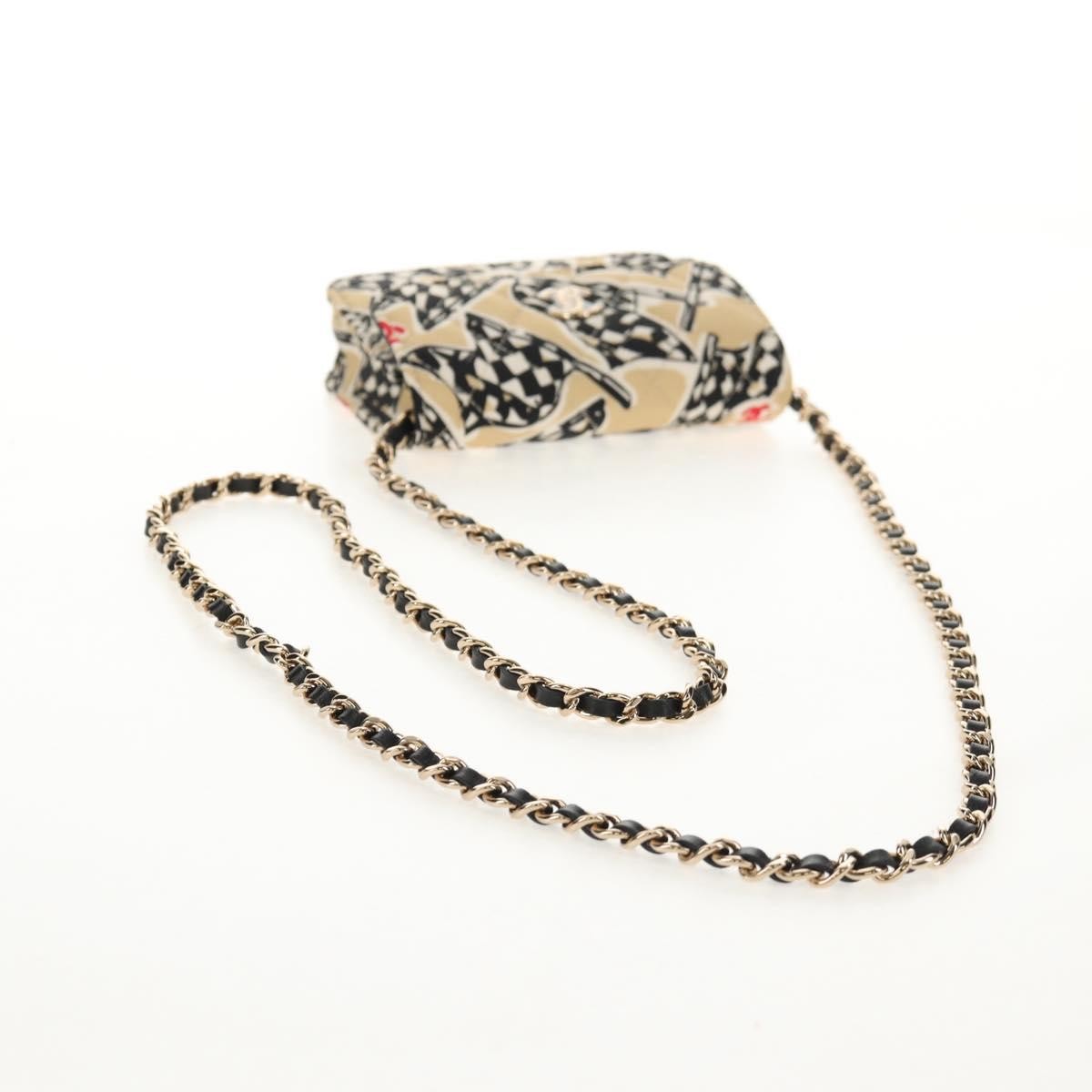 Chanel Flap Card Holder On Chain Quilted Printed Canvas Beige Satin Shoulder Bag Bag (Pre-Owned)