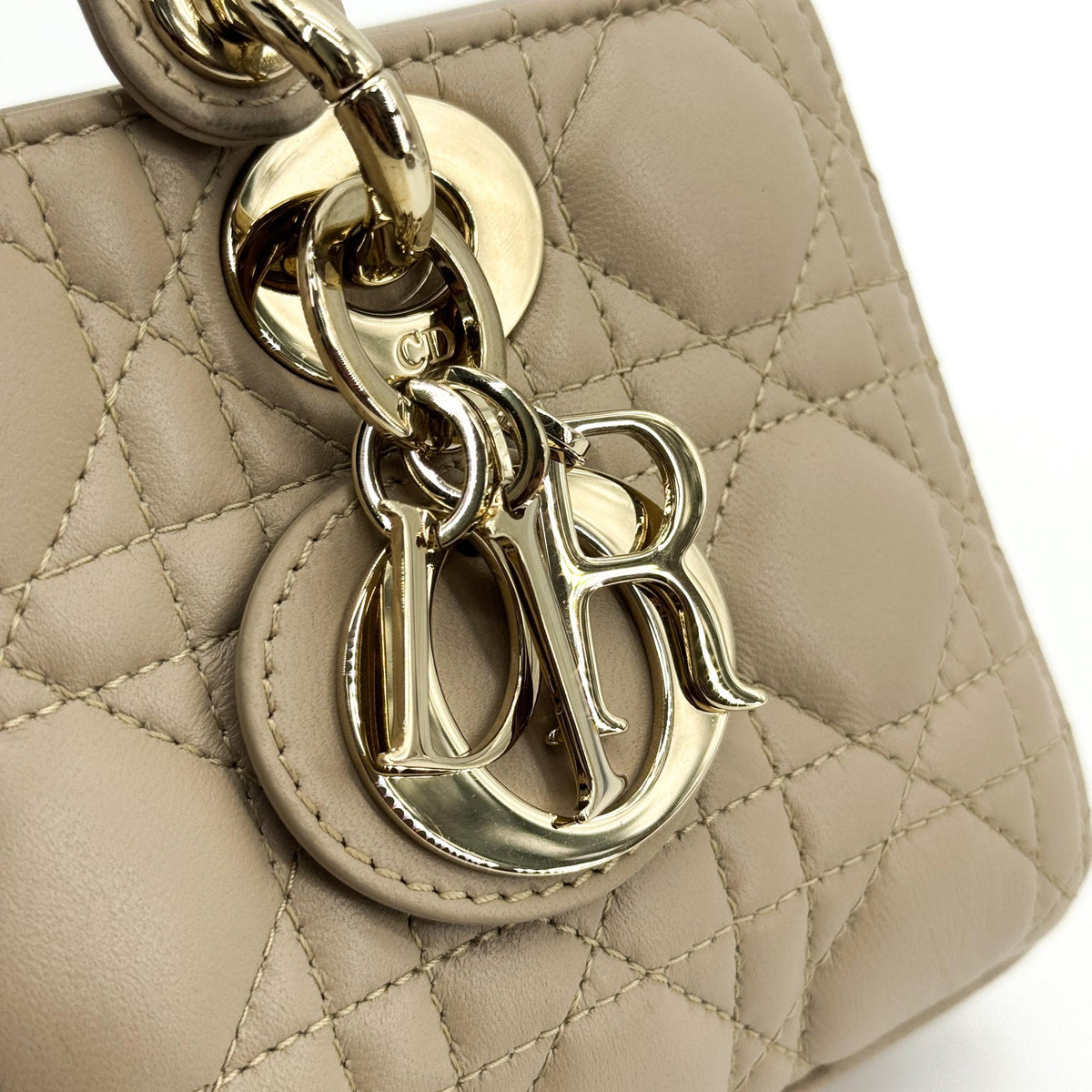 Christian Dior Lady D-Joy Cannage Quilt Lambskin Beige Leather Handbag (Pre-Owned)