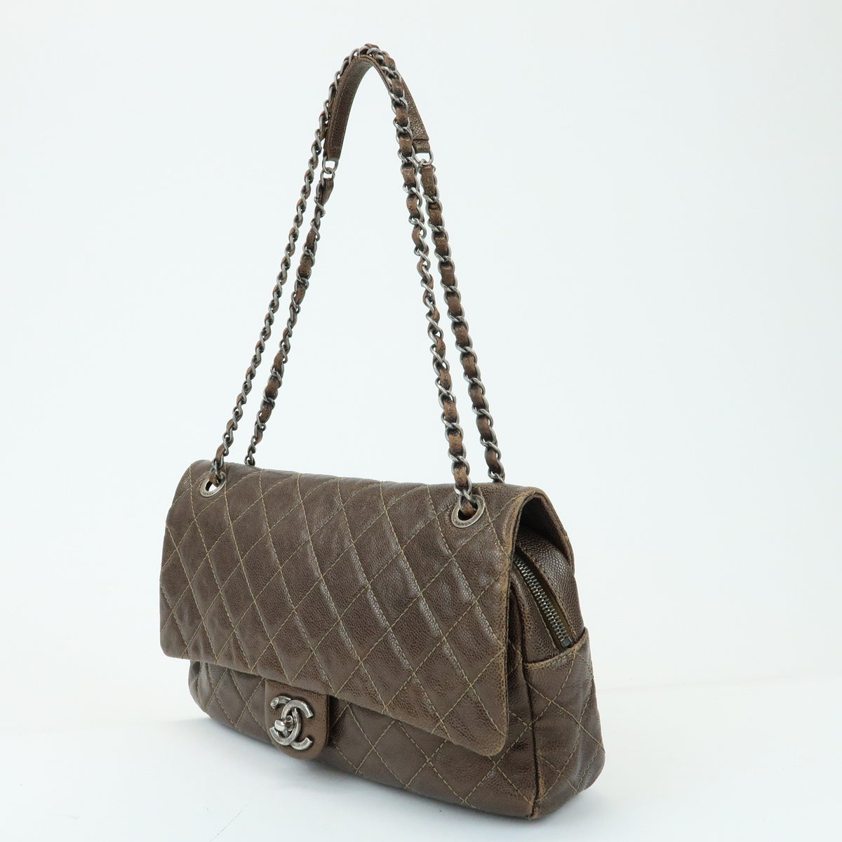 Chanel Easy Flap Quilted Caviar Brown Leather Handbag (Pre-Owned)