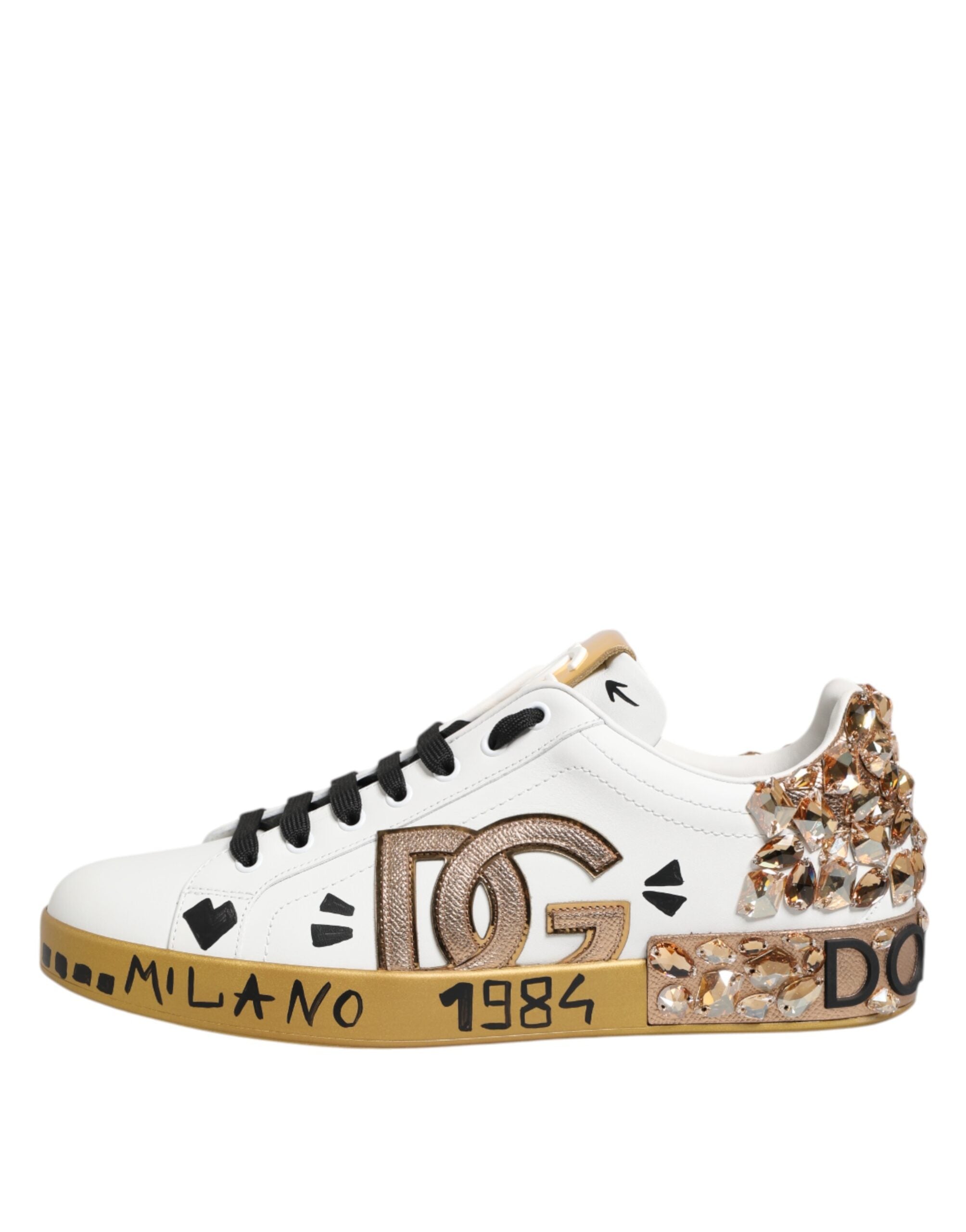 Dolce & Gabbana White Gold Crystal Portofino Sneakers Men's Shoes