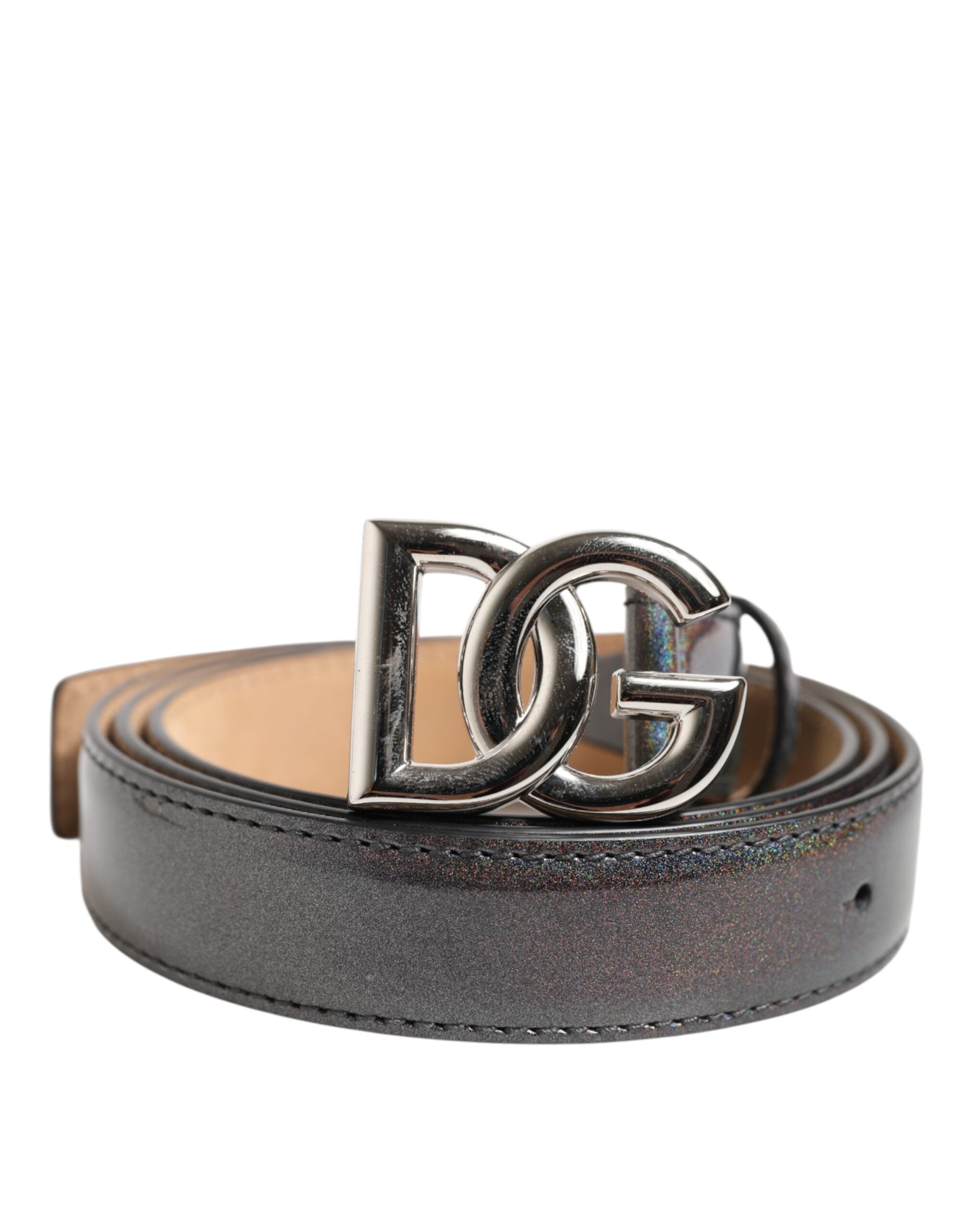 Dolce & Gabbana Metallic Leather Silver Tone Logo Buckle Men's Belt