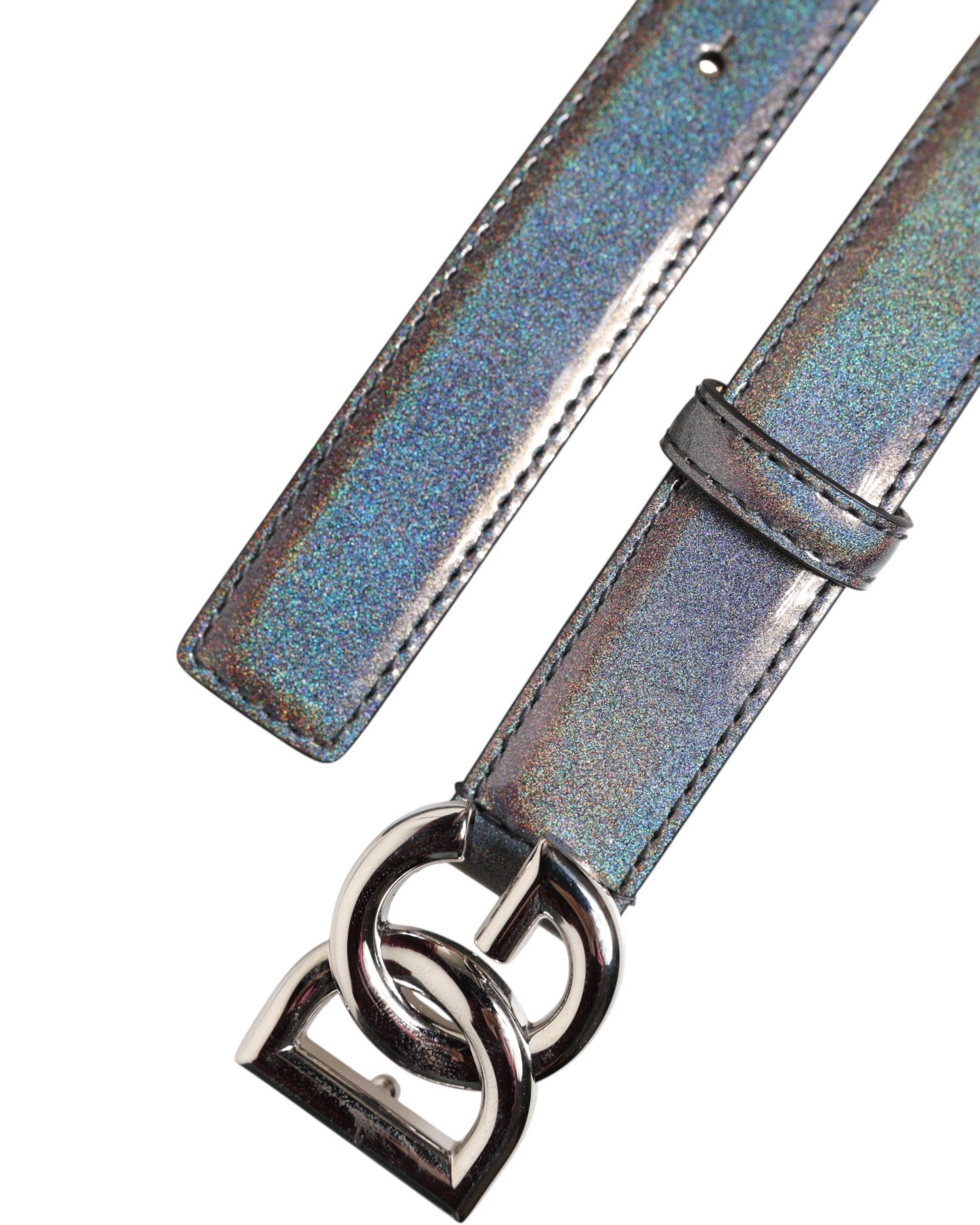 Dolce & Gabbana Metallic Leather Silver Tone Logo Buckle Men's Belt