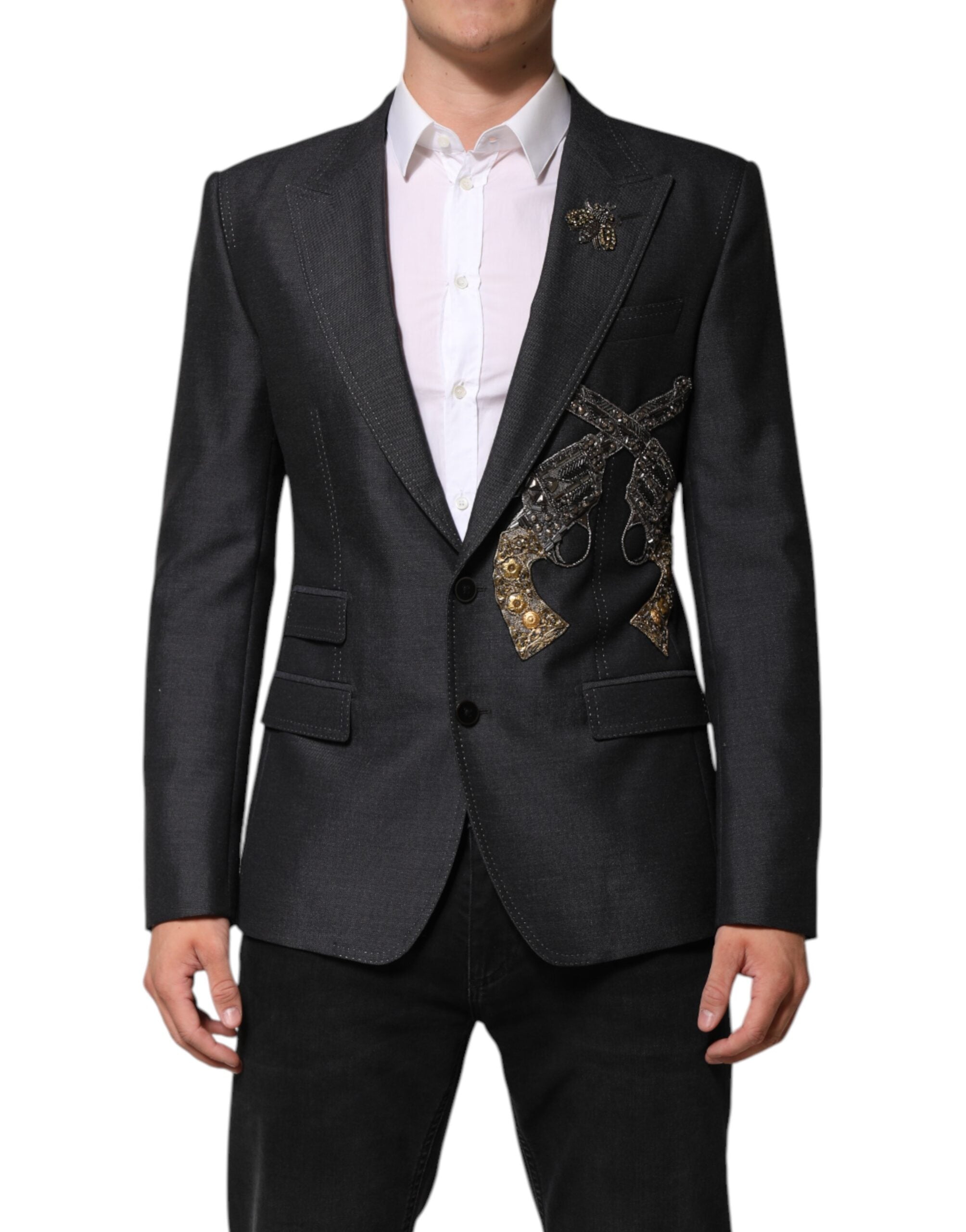 Dolce & Gabbana Dark Gray Bee Embroidery Wool Coat Men's Blazer