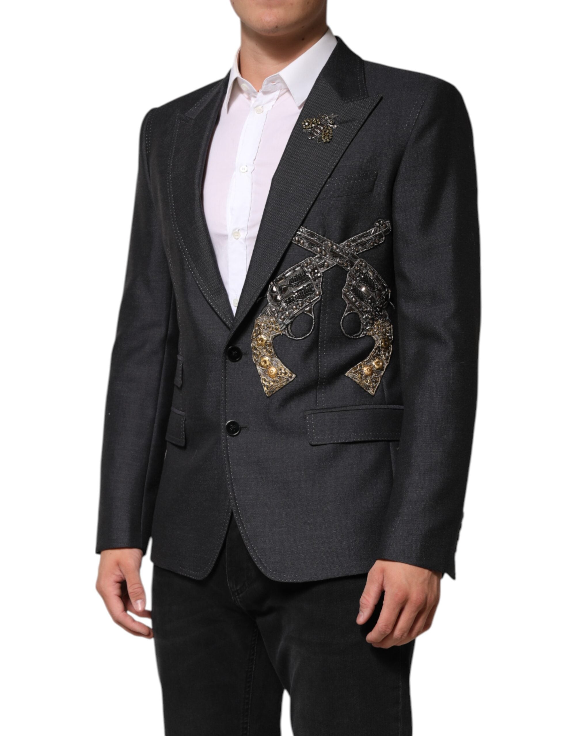 Dolce & Gabbana Dark Gray Bee Embroidery Wool Coat Men's Blazer