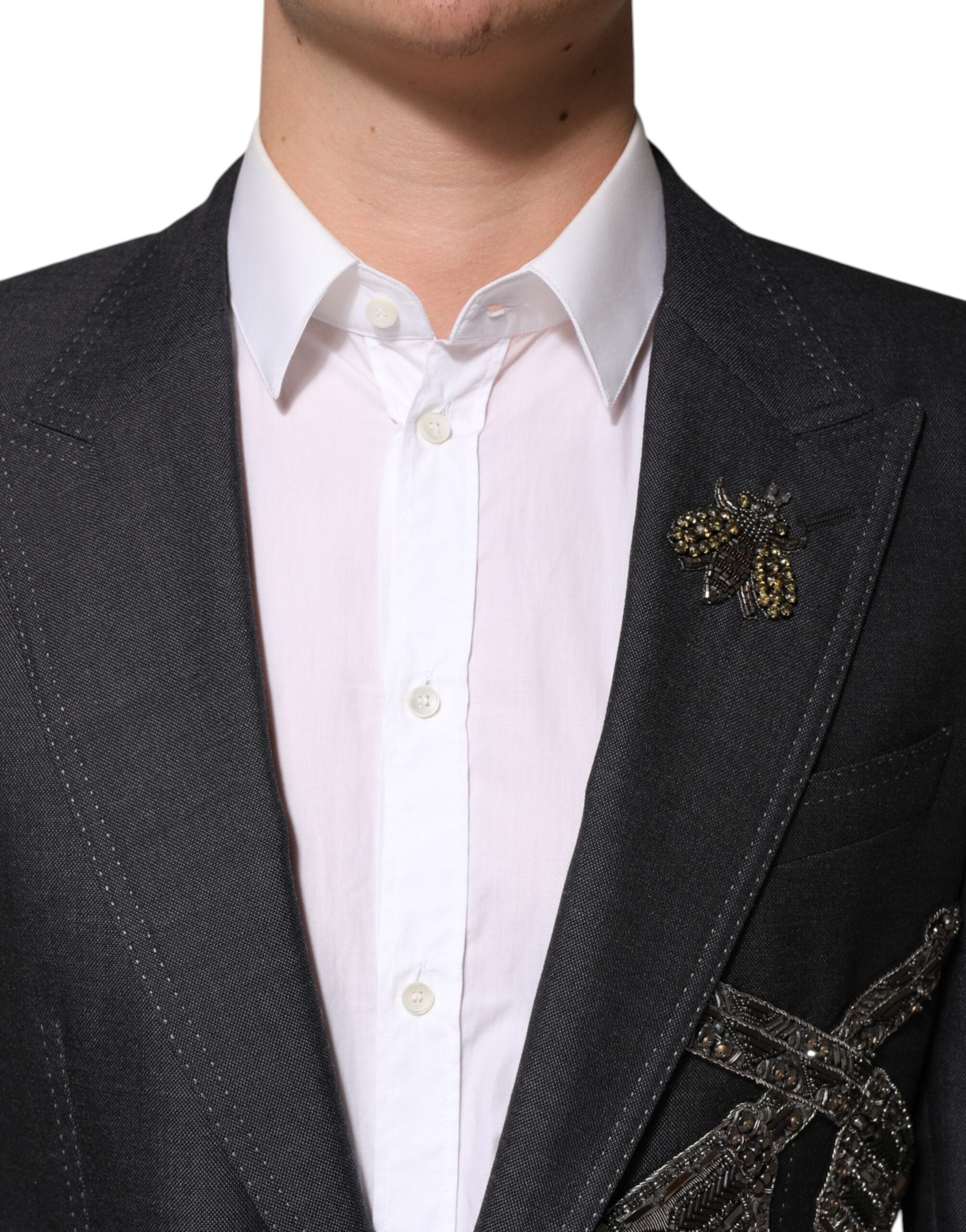 Dolce & Gabbana Dark Gray Bee Embroidery Wool Coat Men's Blazer