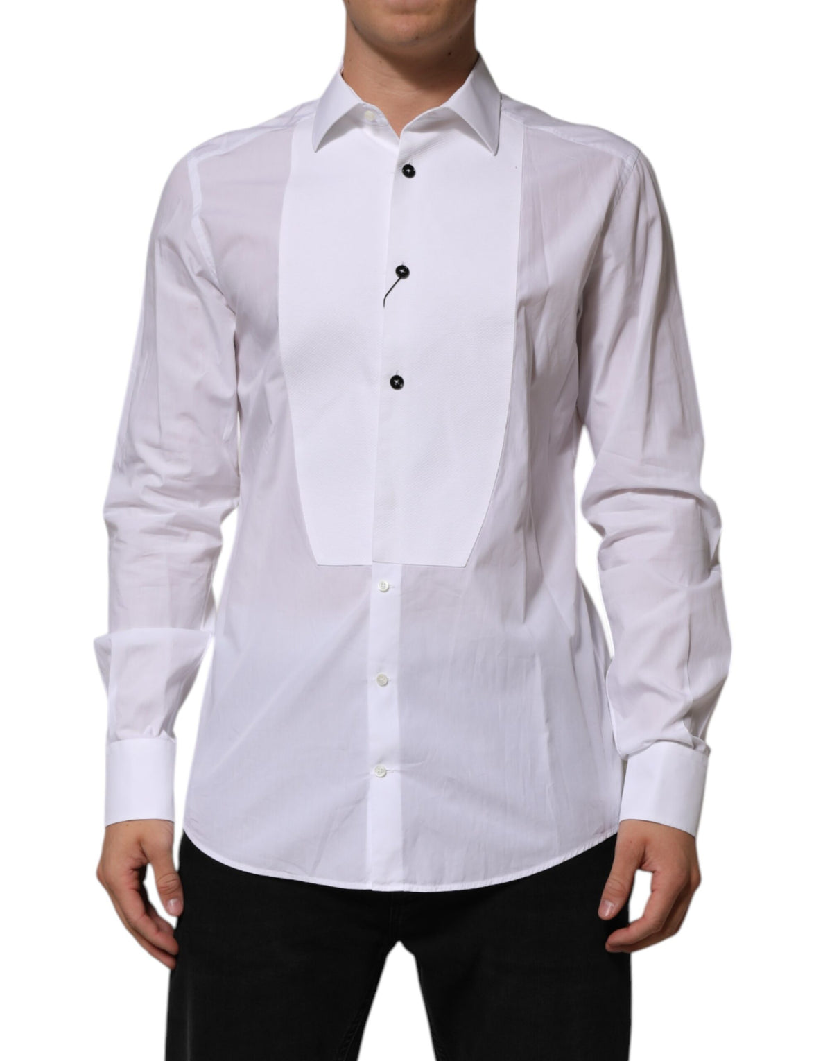 Dolce & Gabbana White Bib Cotton Poplin GOLD Men Formal Men's Shirt (Pre-Owned)