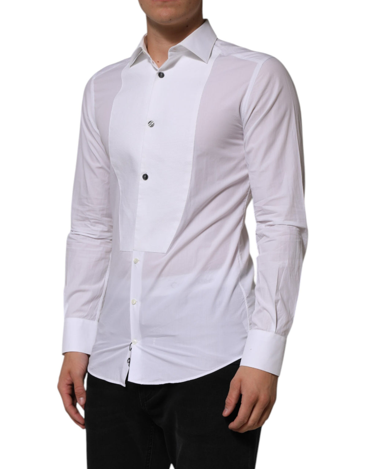 Dolce & Gabbana White Bib Cotton Poplin GOLD Men Formal Men's Shirt (Pre-Owned)