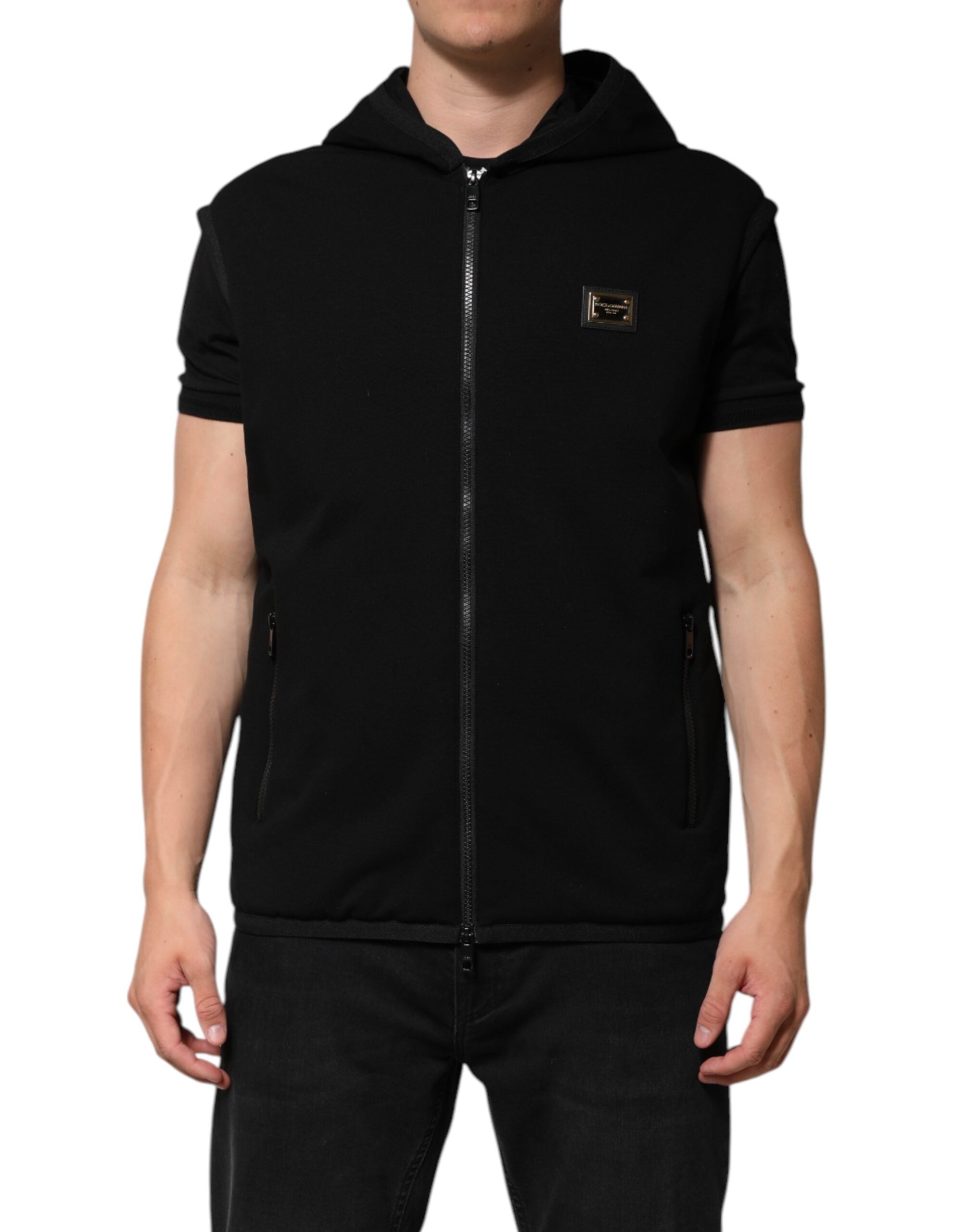 Dolce & Gabbana Black Sleeveless Hooded Logo Plaque Men's Jacket
