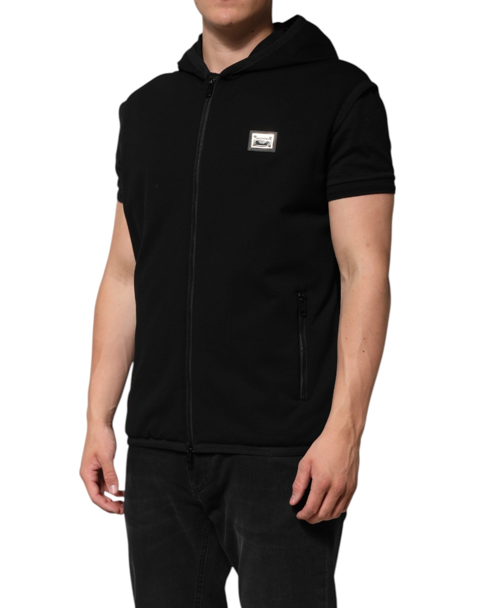 Dolce & Gabbana Black Sleeveless Hooded Logo Plaque Men's Jacket
