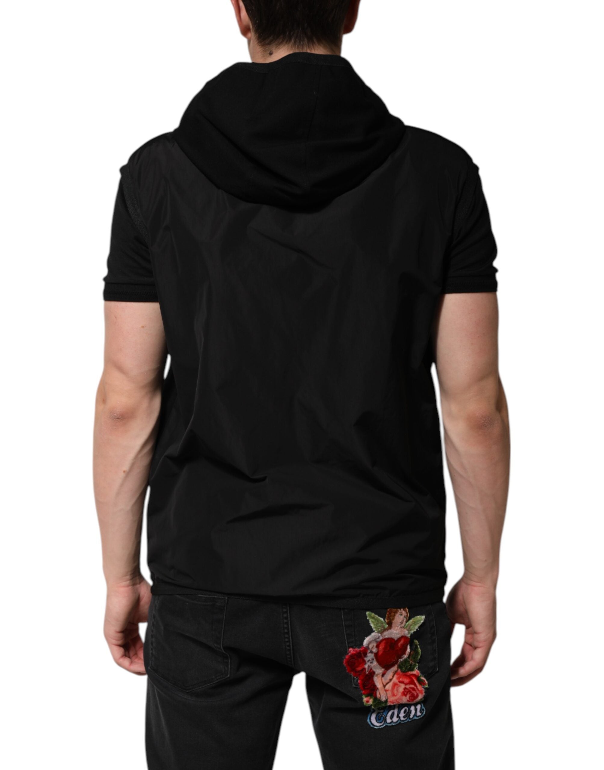 Dolce & Gabbana Black Sleeveless Hooded Logo Plaque Men's Jacket