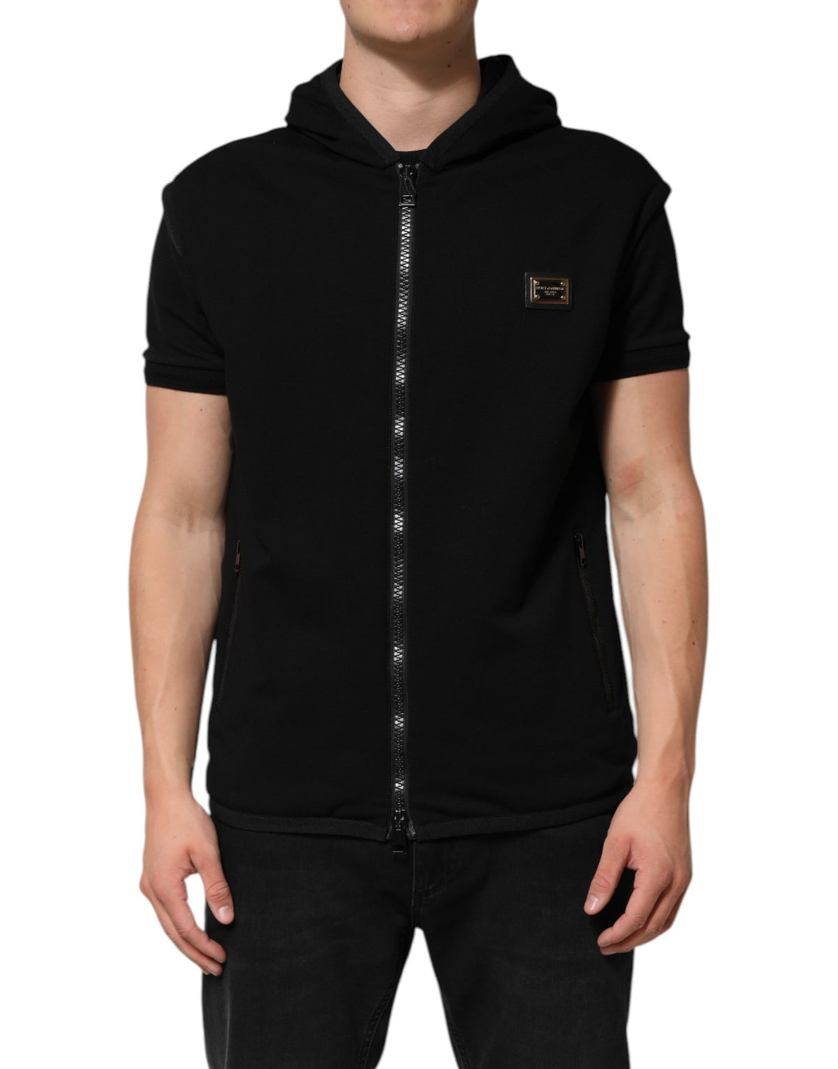 Dolce & Gabbana Black Sleeveless Hooded Logo Plaque Men's Jacket (Pre-Owned)