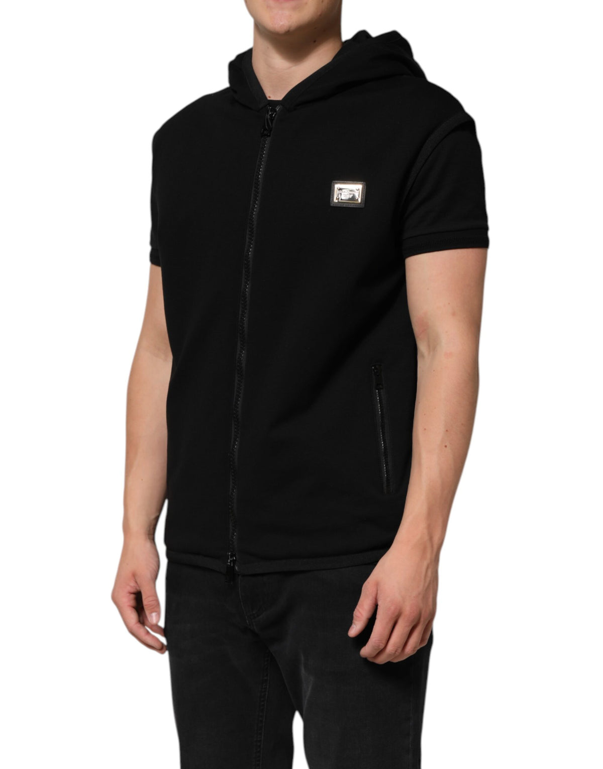 Dolce & Gabbana Black Sleeveless Hooded Logo Plaque Men's Jacket (Pre-Owned)