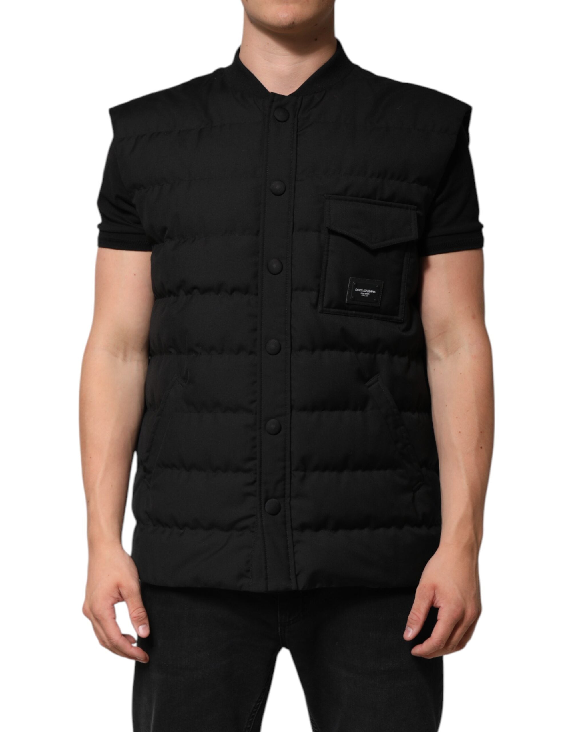 Dolce & Gabbana Black Sleeveless Parka Logo Plaque Men's Jacket