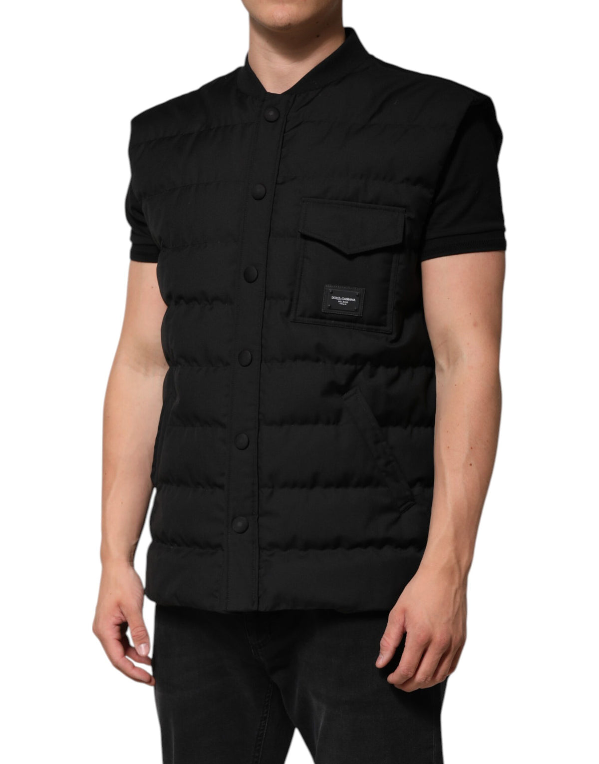 Dolce & Gabbana Black Sleeveless Parka Logo Plaque Men's Jacket