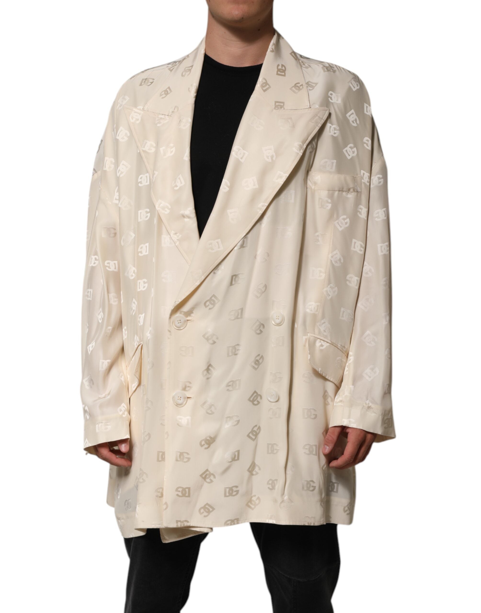Dolce & Gabbana Beige Polyester Logo Monogram Coat Men's Jacket