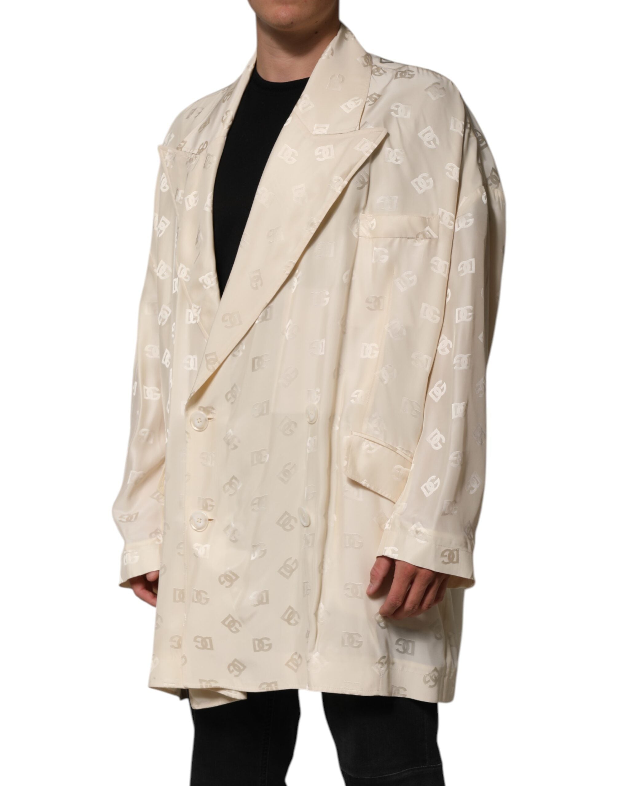 Dolce & Gabbana Beige Polyester Logo Monogram Coat Men's Jacket