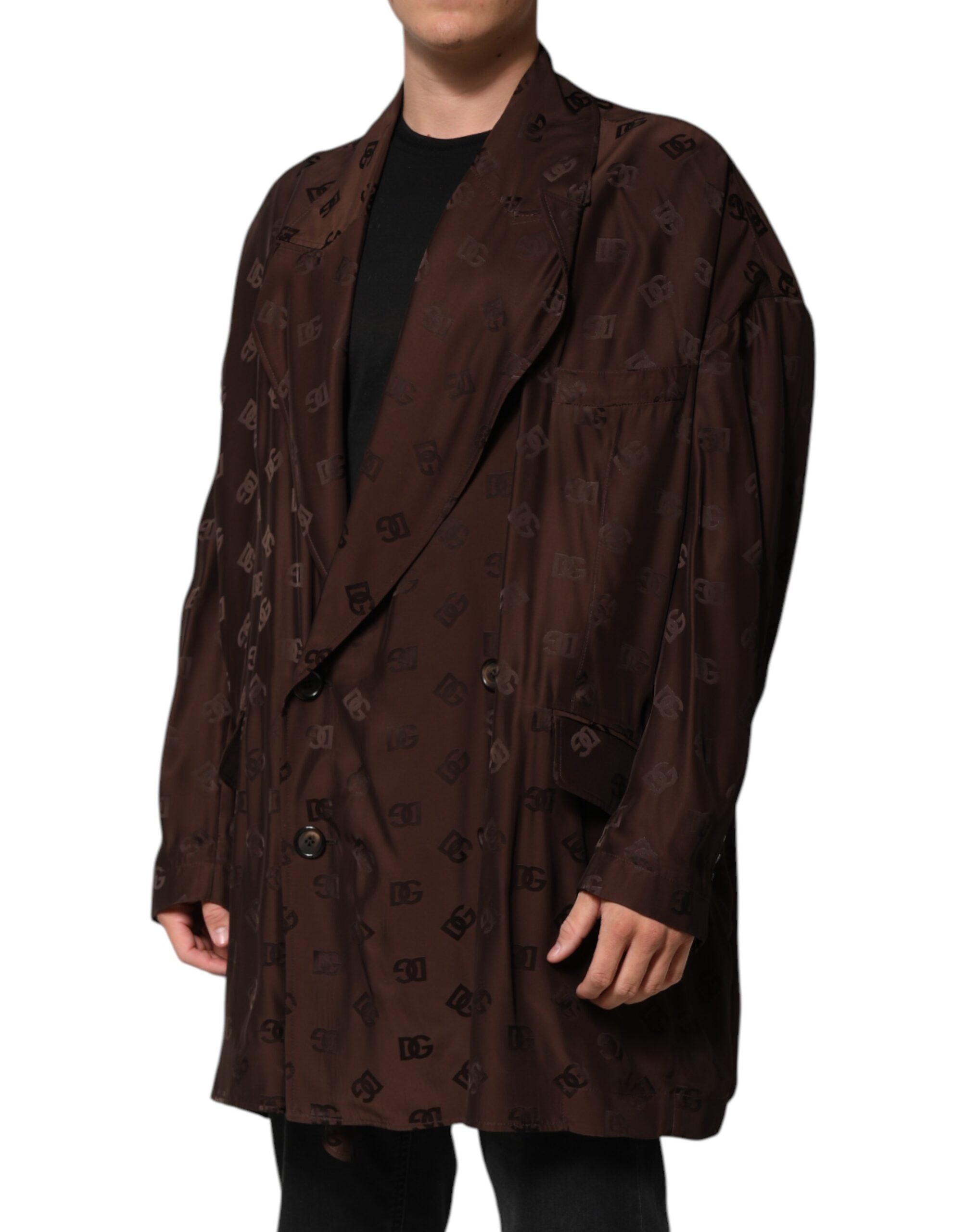 Dolce & Gabbana Brown Polyester Logo Monogram Coat Men's Jacket