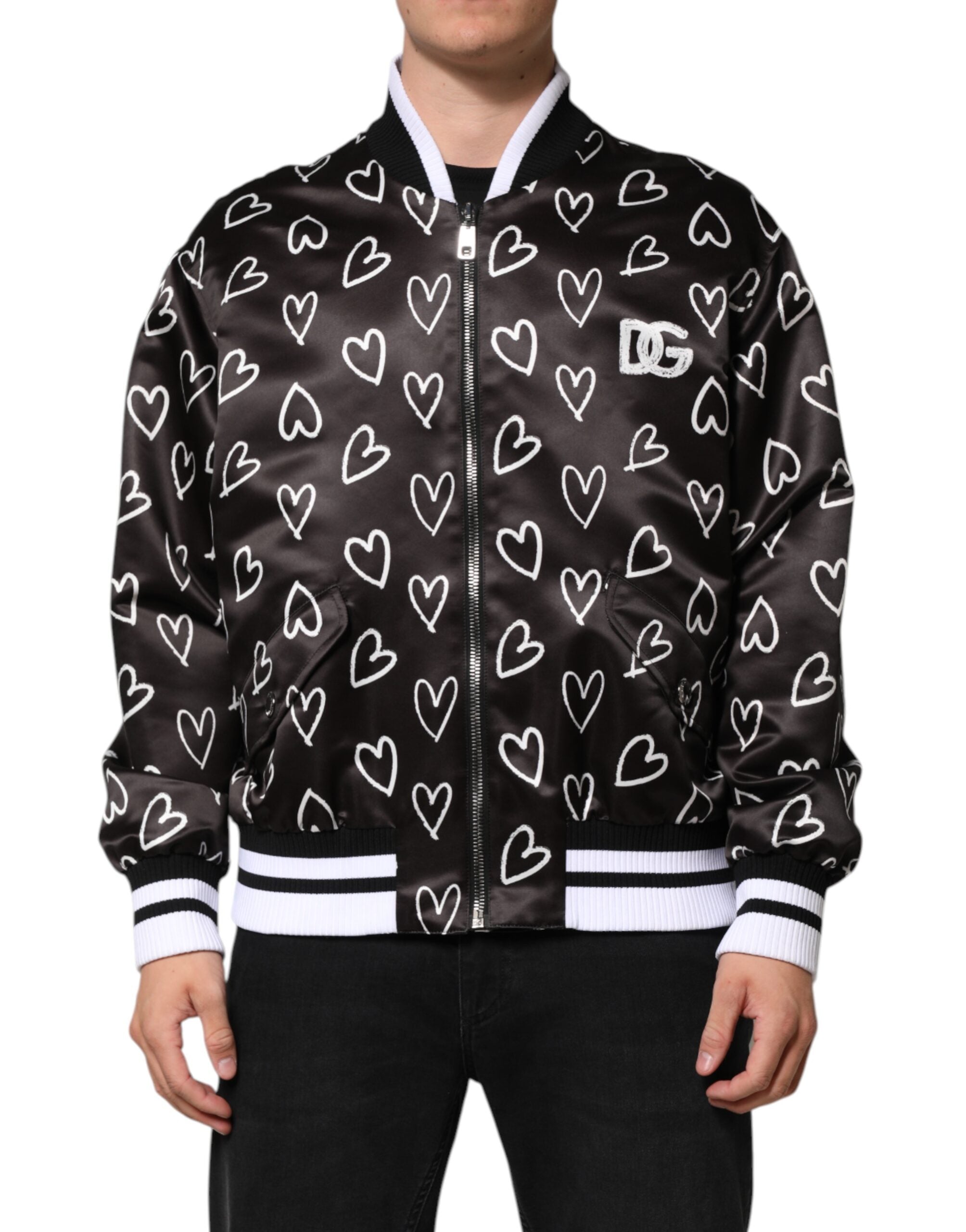 Dolce & Gabbana Black Polyester Heart Print Bomber Men's Jacket (Pre-Owned)