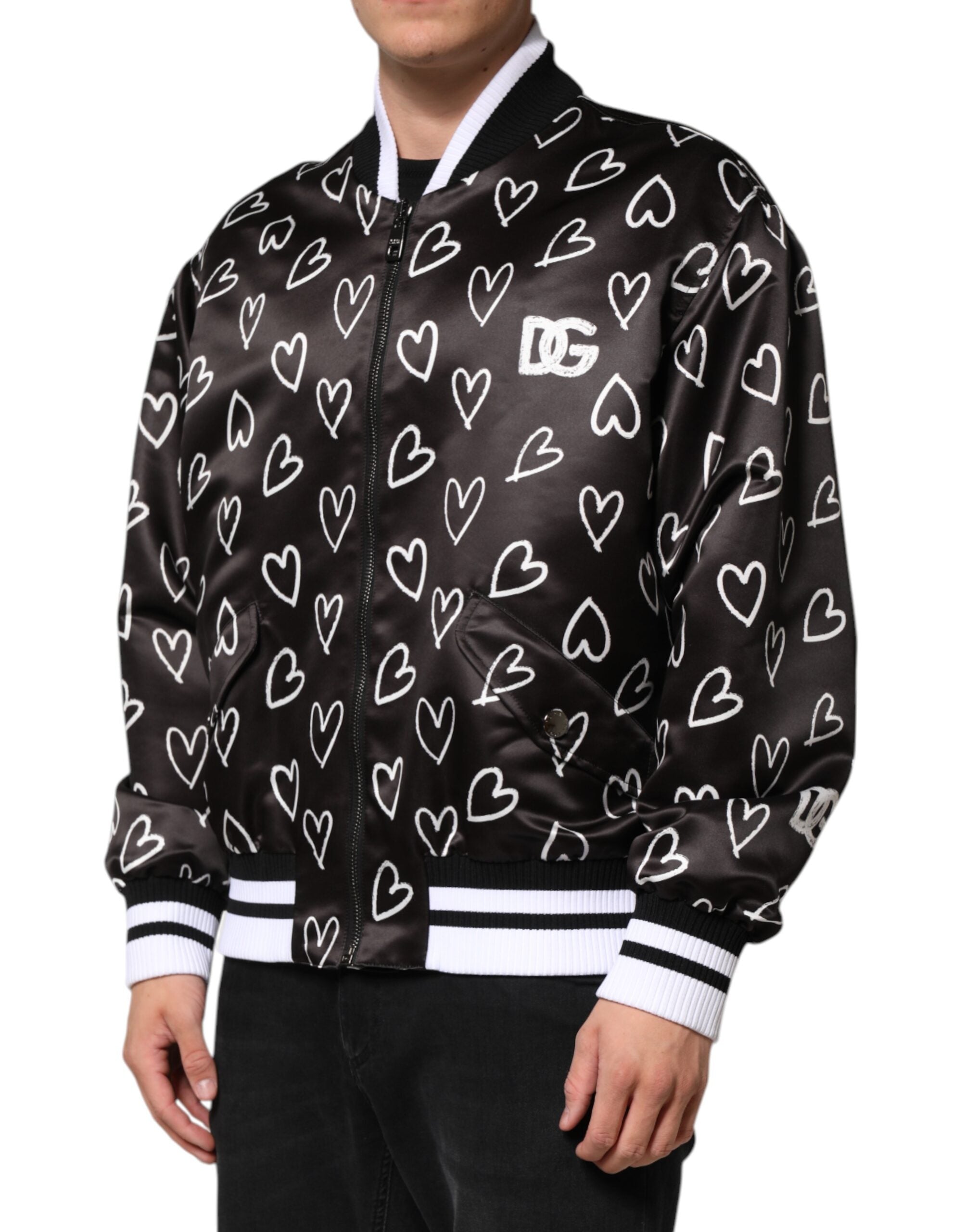 Dolce & Gabbana Black Polyester Heart Print Bomber Men's Jacket