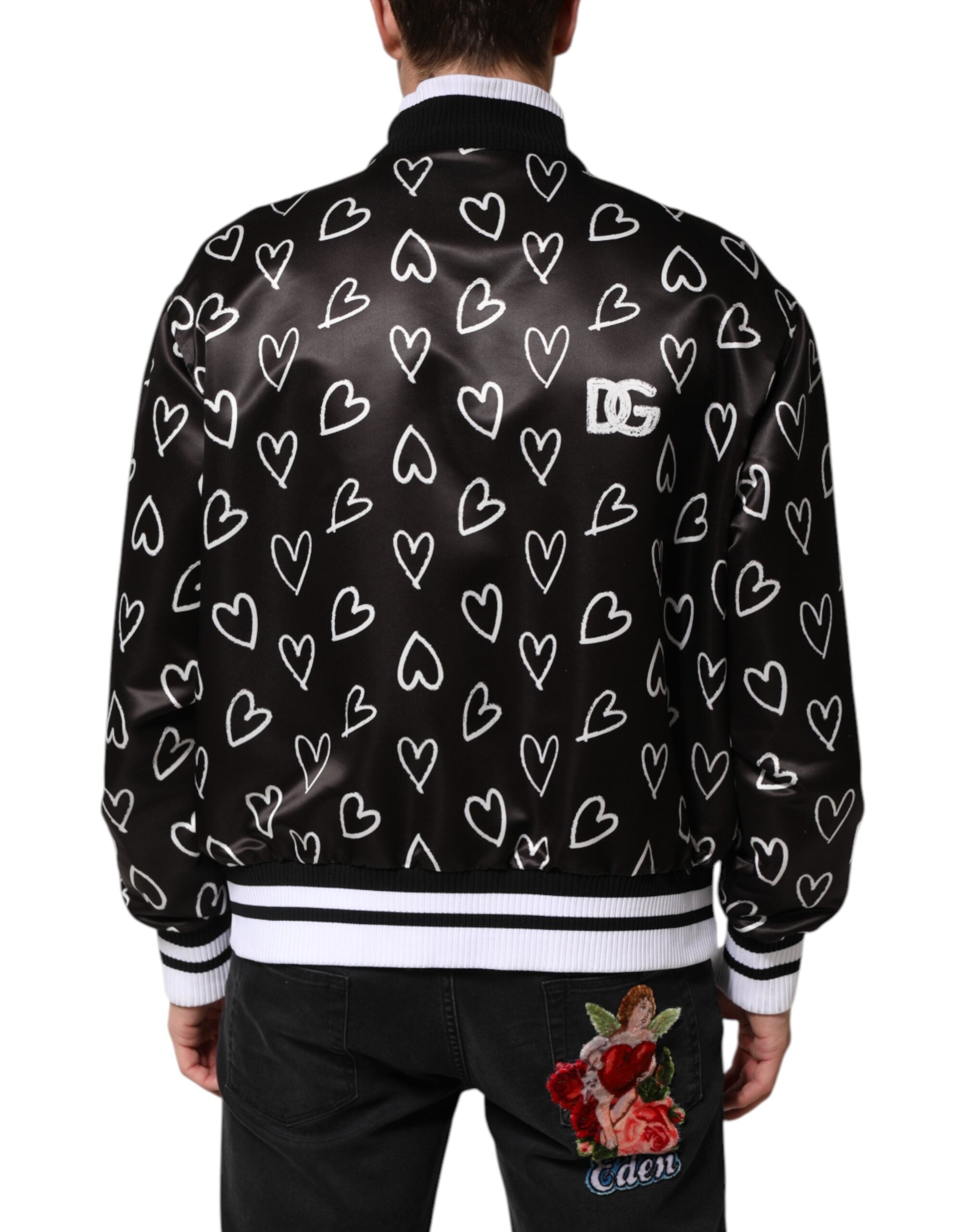 Dolce & Gabbana Black Polyester Heart Print Bomber Men's Jacket