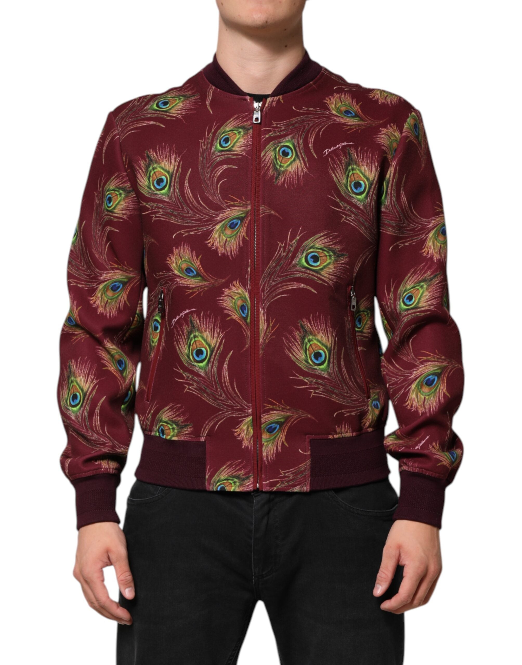 Dolce & Gabbana Maroon Peacock Feather Print Bomber Men's Jacket
