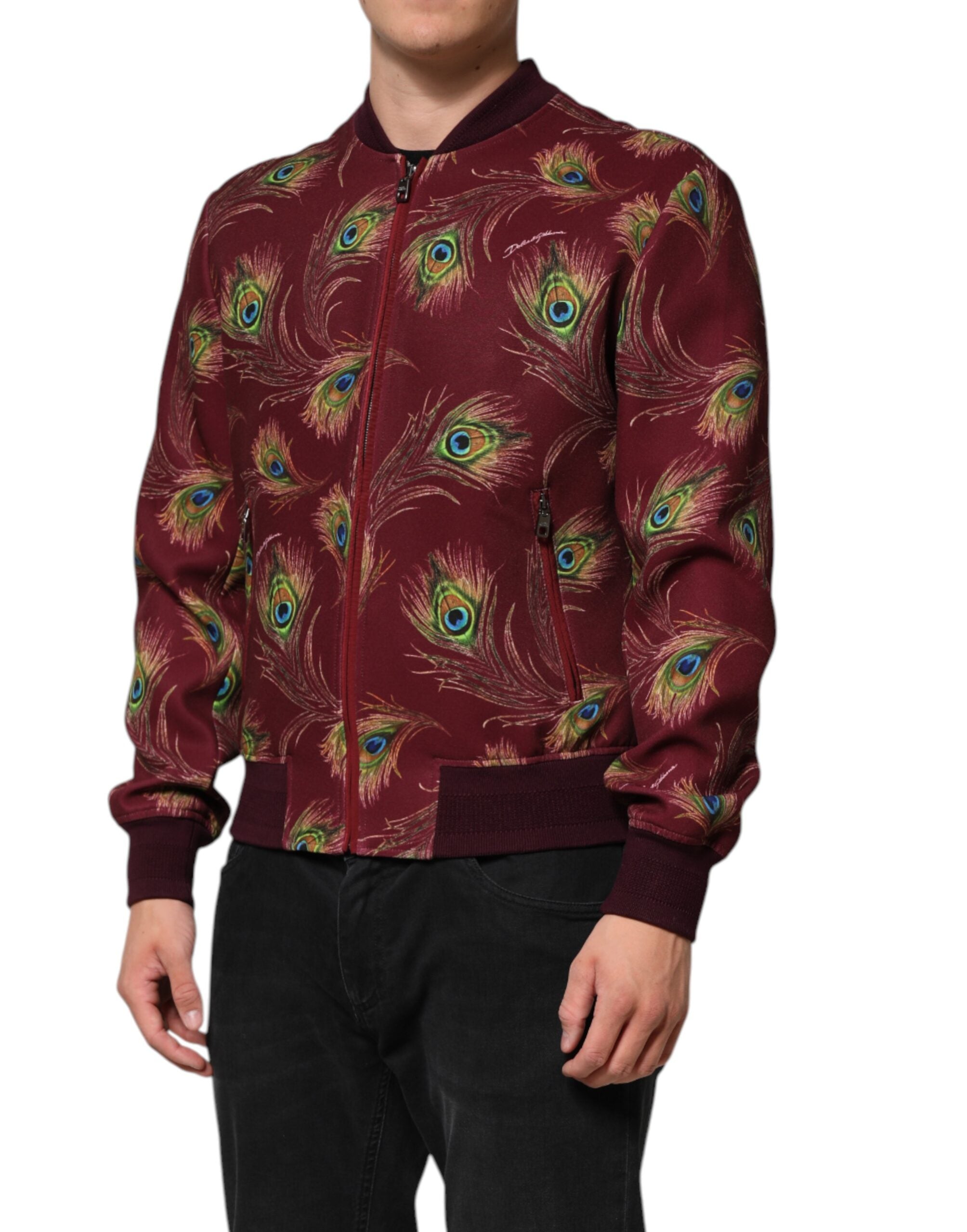 Dolce & Gabbana Maroon Peacock Feather Print Bomber Men's Jacket