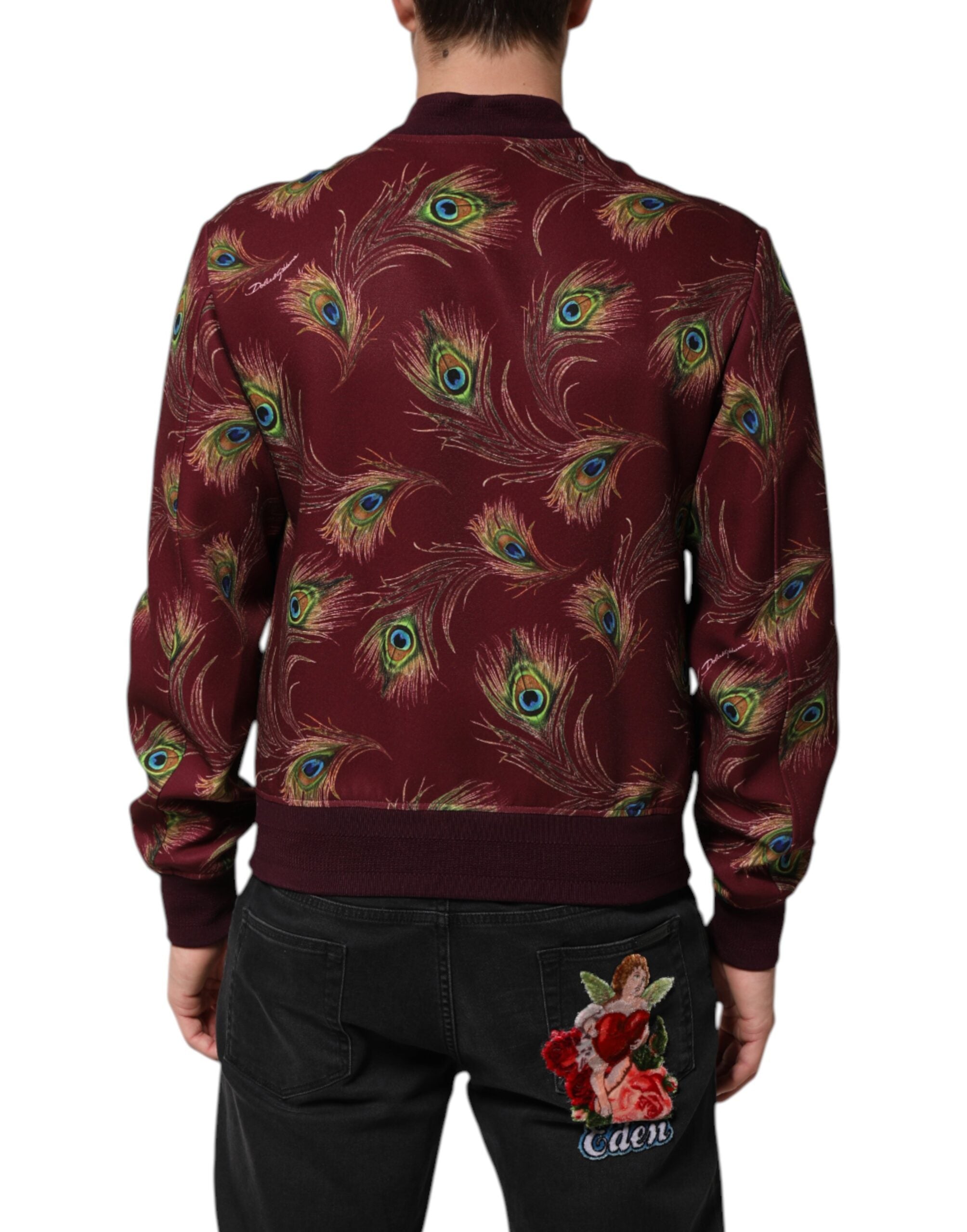 Dolce & Gabbana Maroon Peacock Feather Print Bomber Men's Jacket